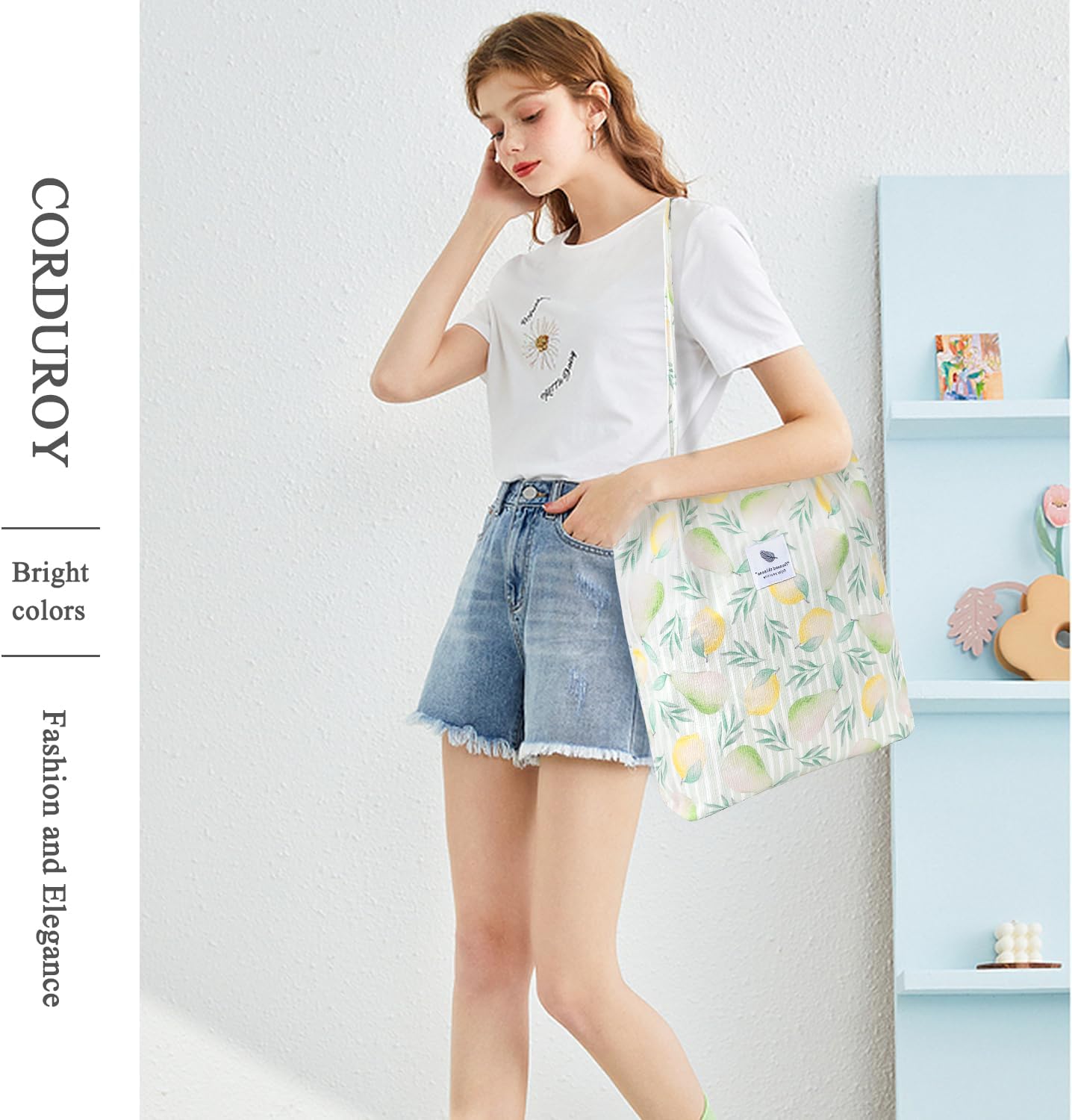 LHMTQVK Corduroy Tote Bags for Women, Large Capacity Tote Purse Reusable Grocery Shoulder Bag with Inner Pockets image 5