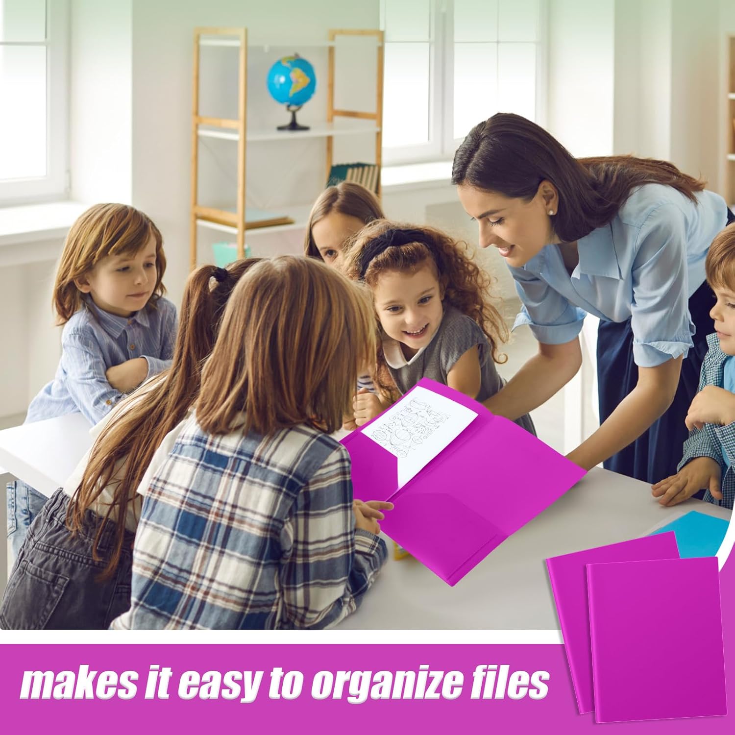 Gueevin 50 Pcs Plastic Folders with Two Pockets, Back to School Two Pocket Folder Fit Letter Size, Heavy Duty School Business Card Holder for Home Office Teachers(Fluorescent Purple)