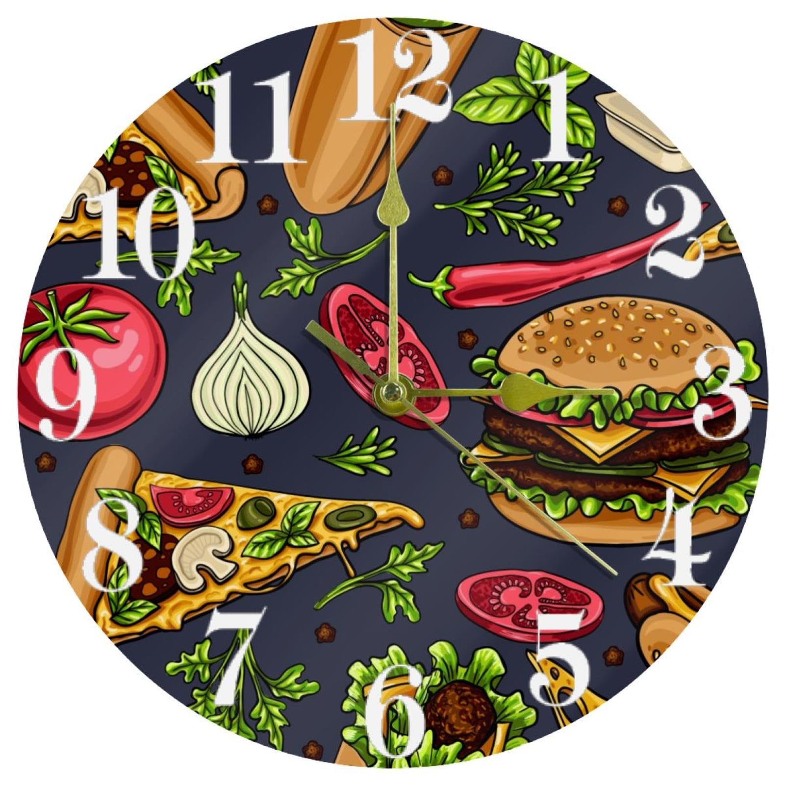 Vapokf Multicolor Hamburger Hot Dog Pizza Wall Clock, Silent Non Ticking Quartz Battery Operated Round Wall Clocks Home/Kitchen/Office/School Clock