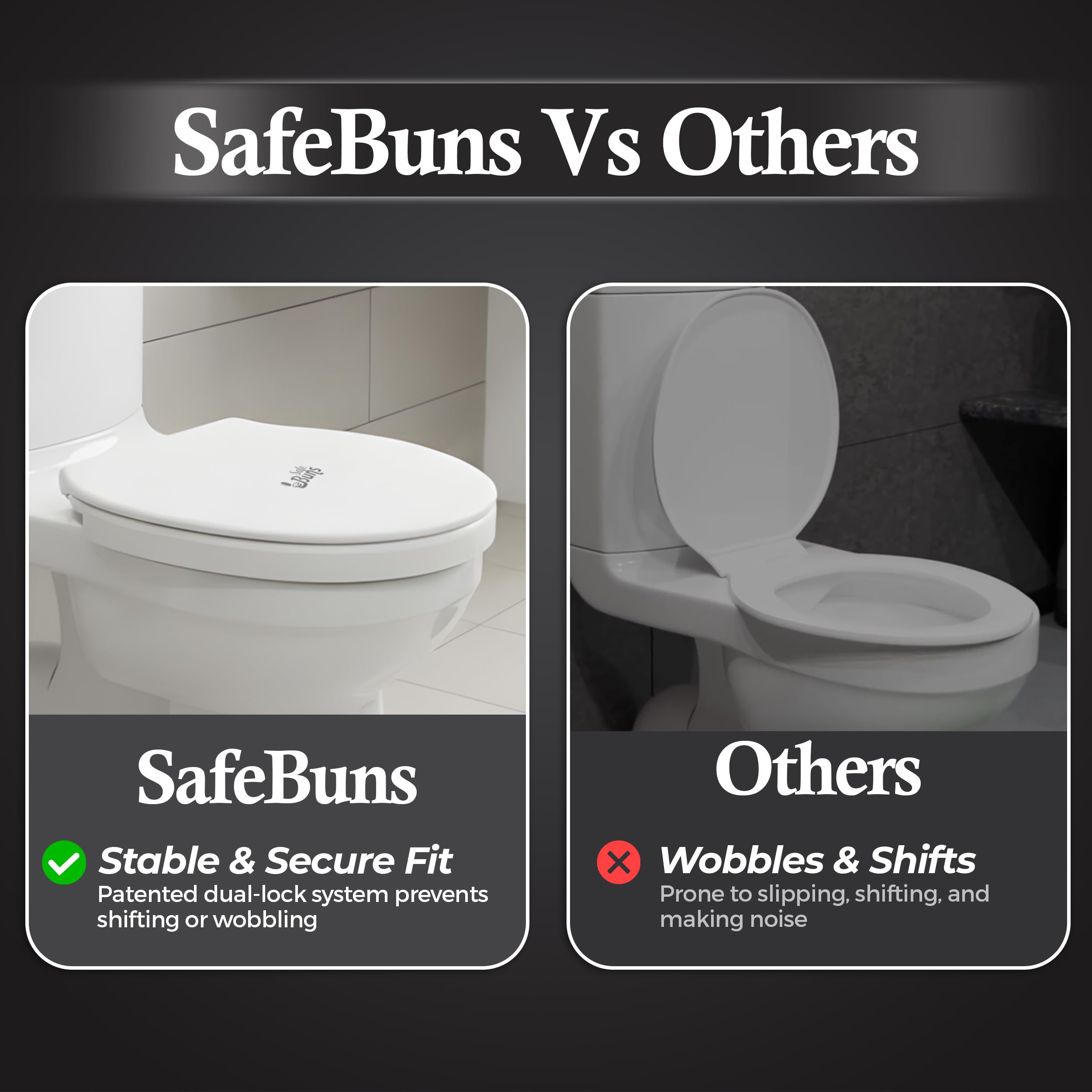 Safe Buns - Asiento de inodoro antideslizante, diseño estable y cómodo, cierre suave, fácil de limpiar, ajuste universal, redondo