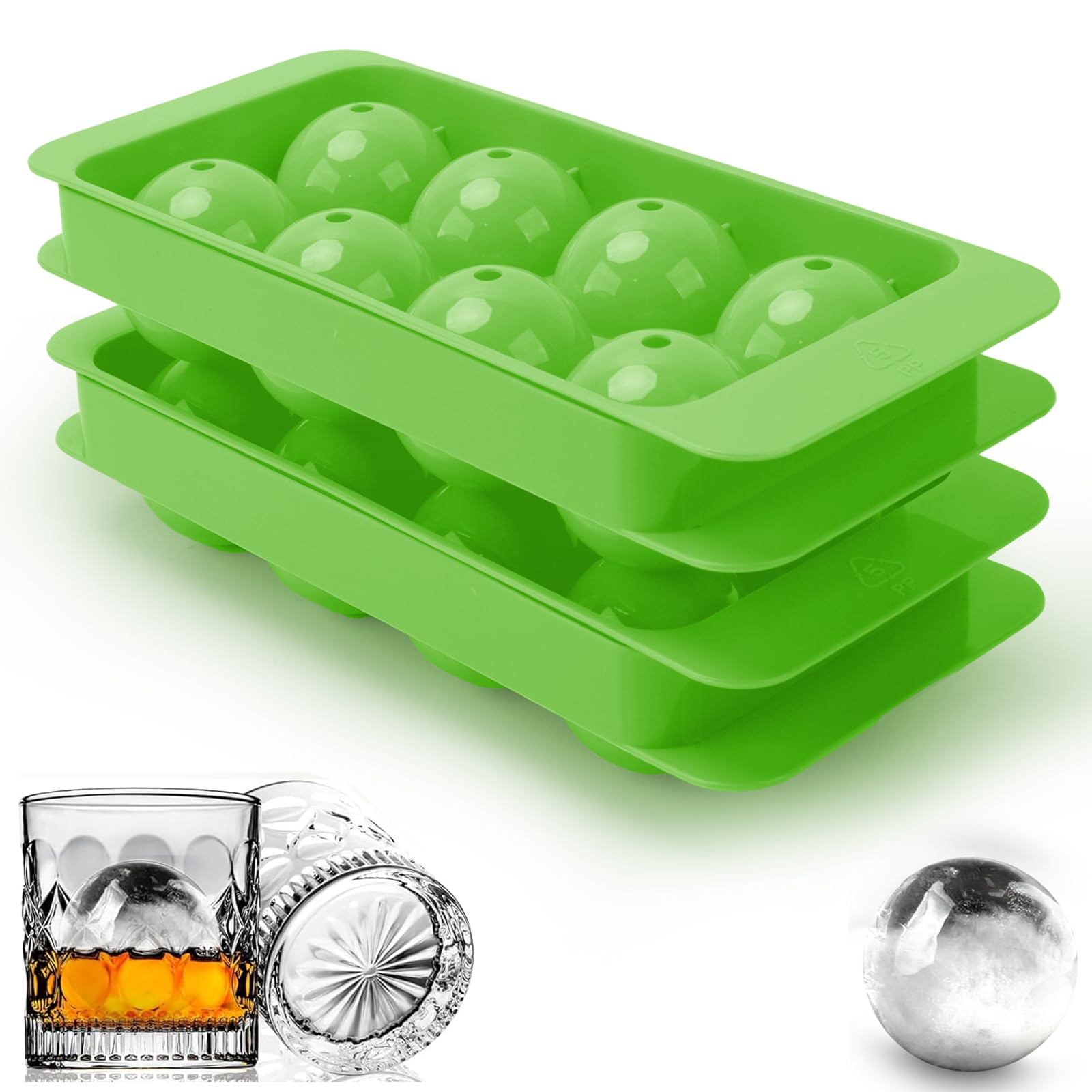 Bandejas grandes para cubitos de hielo con tapa y contenedor, 2 moldes grandes de 8 piezas x 1.9 pulgadas para cubitos de hielo redondos/círculos/esferas, molde de silicona para cubitos de