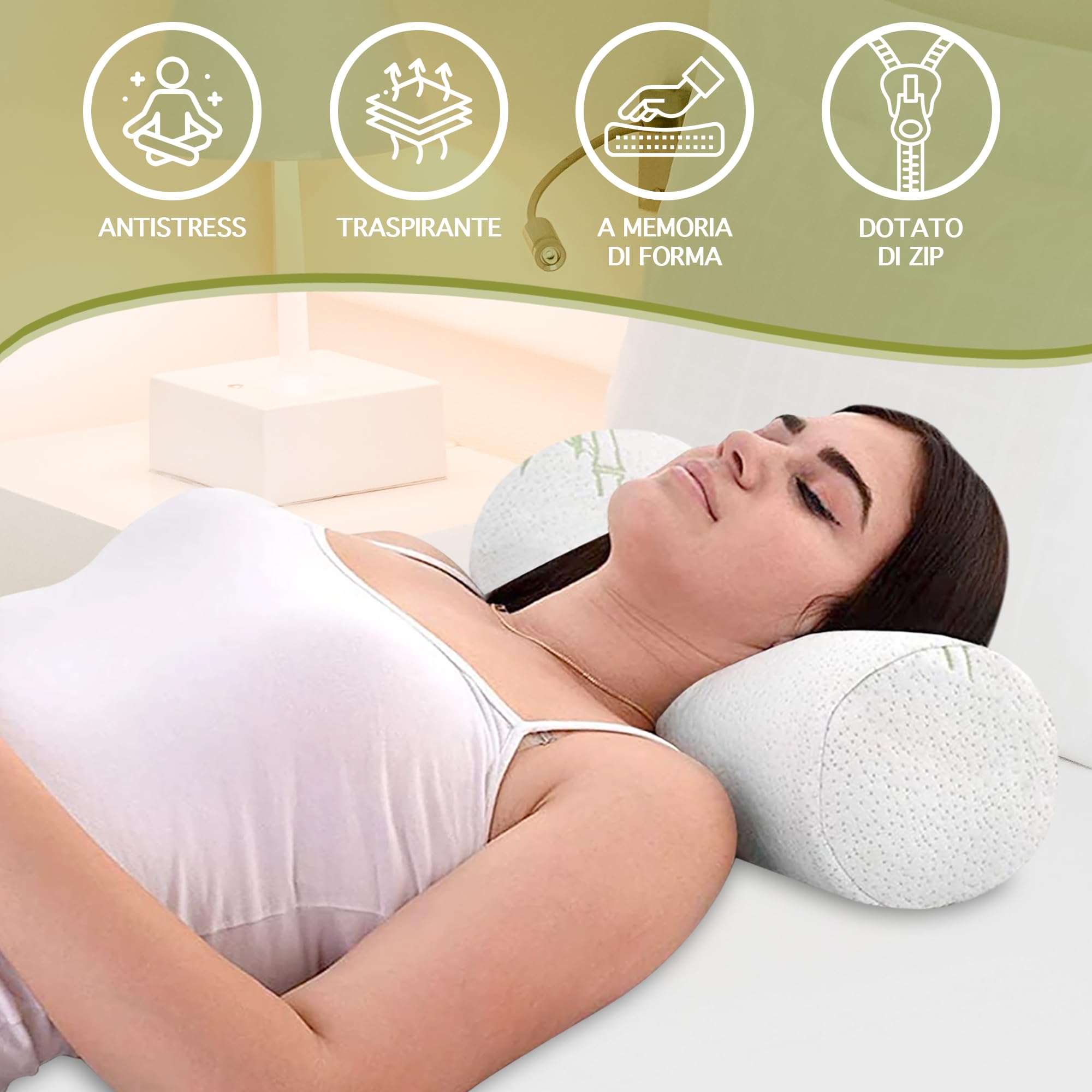 Cuscino Lungo Memory Foam Bambù Ergonomico Guanciale Cilindrico Cervicale Lombare Letto o Divano Fodera Rimovibile Lavabile Supporto Cuscini Prodotto Certificato Oeko Tex Cilindro Rotondo(Tubolare)