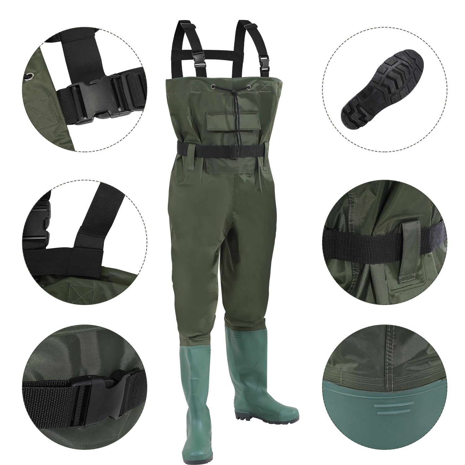 Waders, Waders étanches 70D Nylon Composite PVC Pantalon de pêche, avec Bottes en Caoutchouc antidérapantes, Pantalon de Bassin, Pantalon de Crue