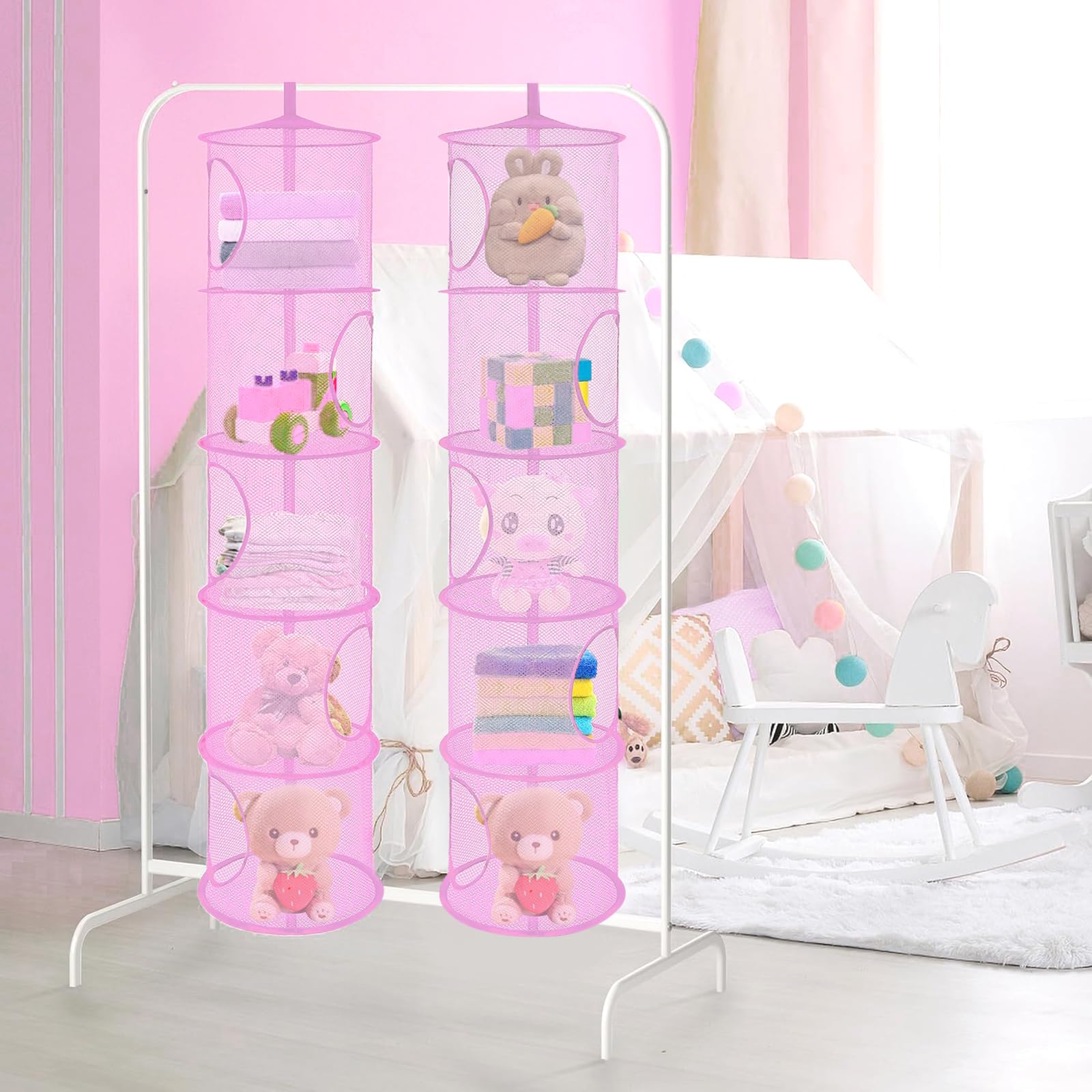AOKWAWALIY Lot De 2 Paniers De Rangement Suspendus Pour Jouets En Peluche - Filet De Rangement Pliable - Respirant - Tissu Polyester + Fil D'acier