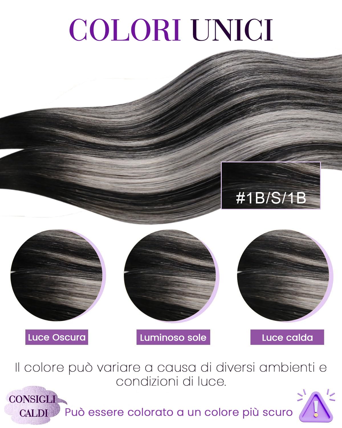 150g Extension Capelli Veri Cheratina con Extension Capelli Veri Biadesive Nero con Silver Naturale 55cm