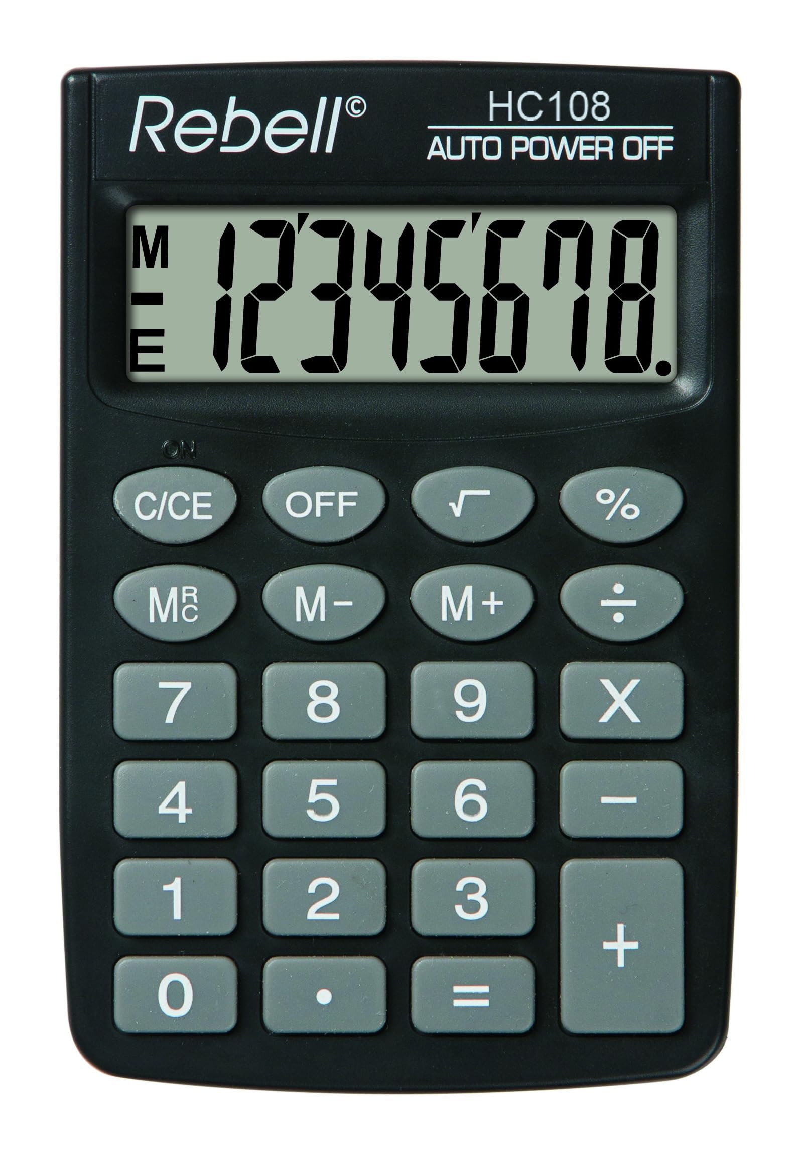 Calculatrice REBELL SHC108 – 8 Chiffres LCD, Solaire + Pile, Racines, Mémoire Triple, Étui Protection Noir