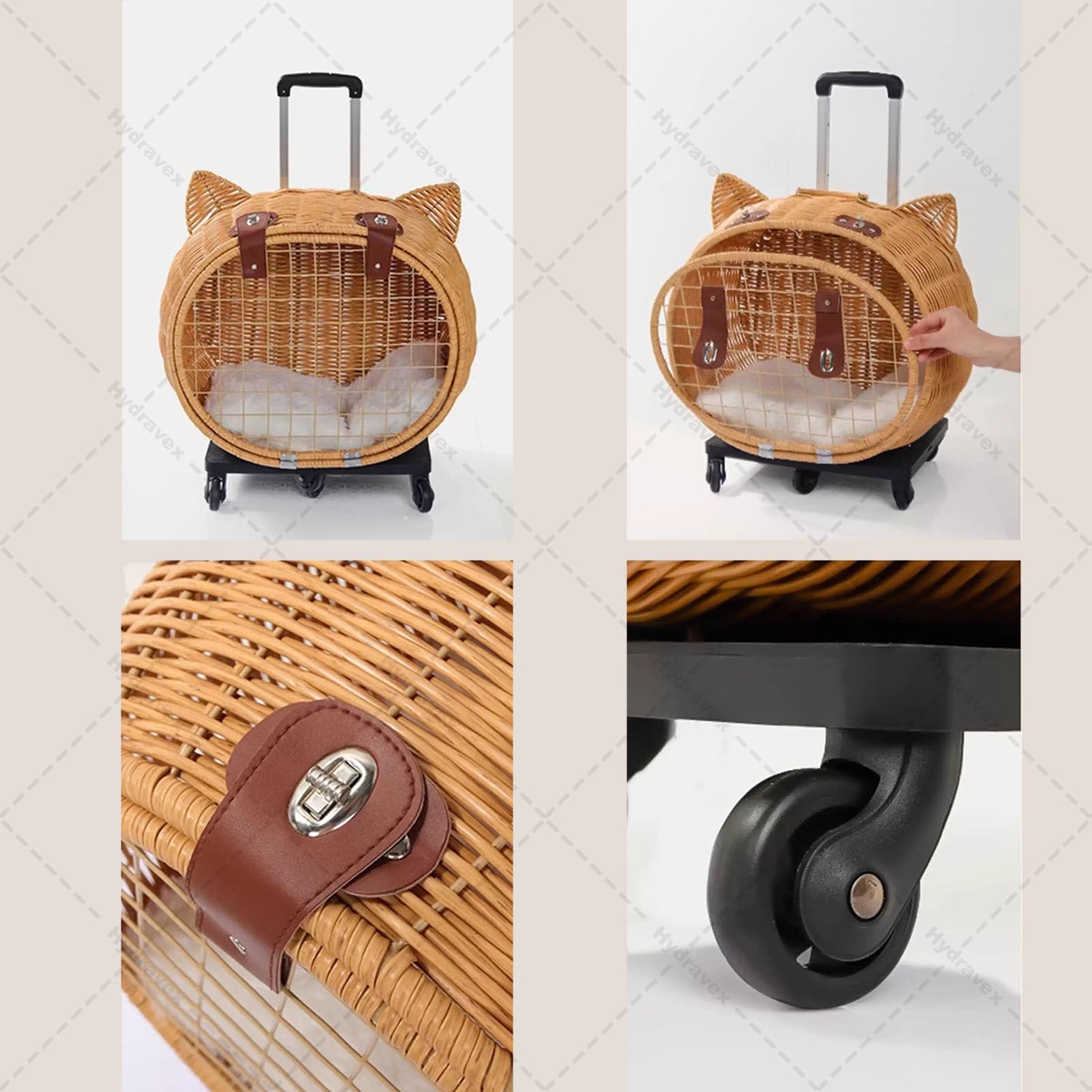 Passeggino per gatti in stile retrò, in rattan, con ruote e manico telescopico, ideale per viaggi, passeggiate e visite veterinarie