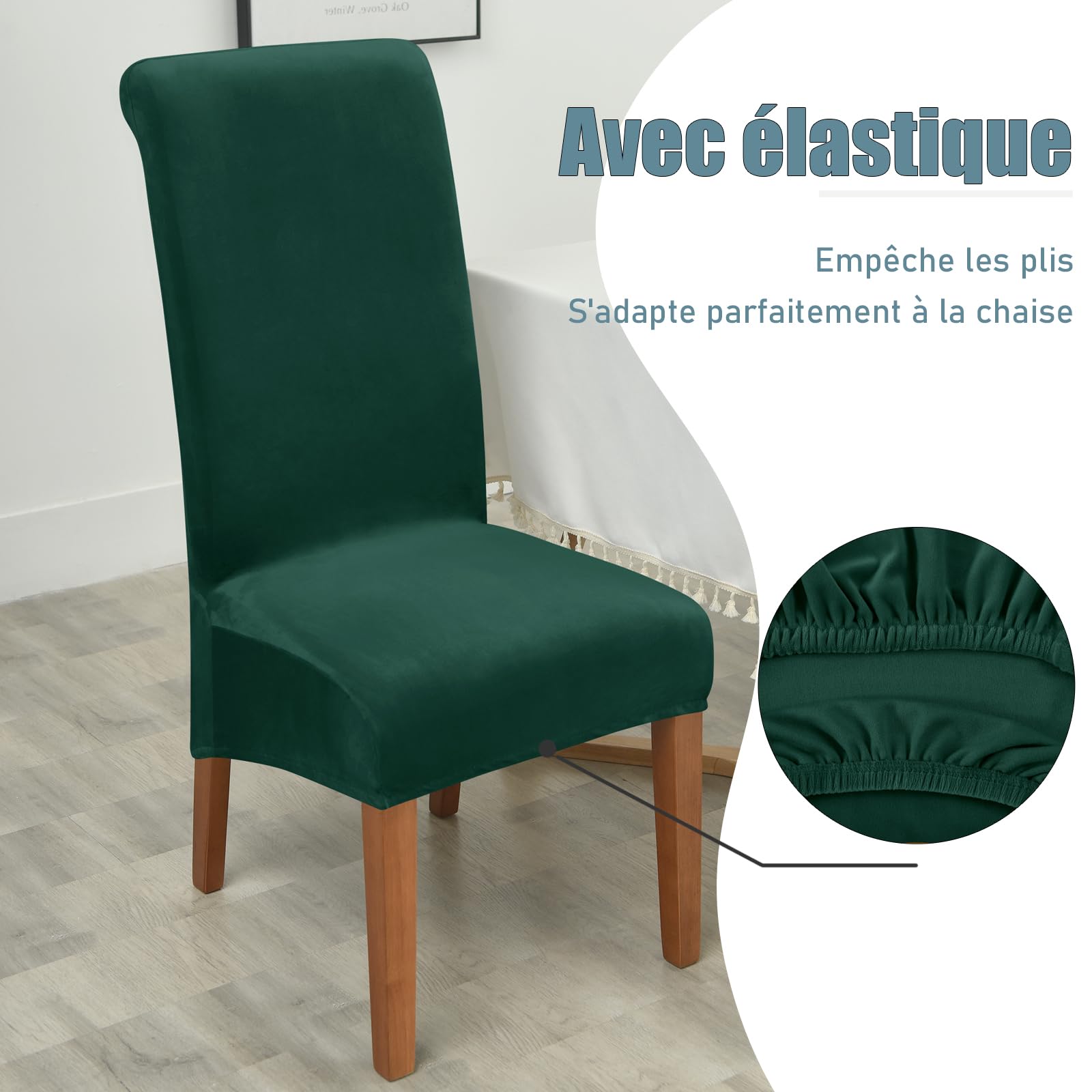 qiden Housses De Chaise De Salle à Manger en Velours, Housse Extensible pour Grande Chaise, Housse De Chaise à Dossier Haut Protecteur De Chaise XL-Vert foncé-Pack of 6