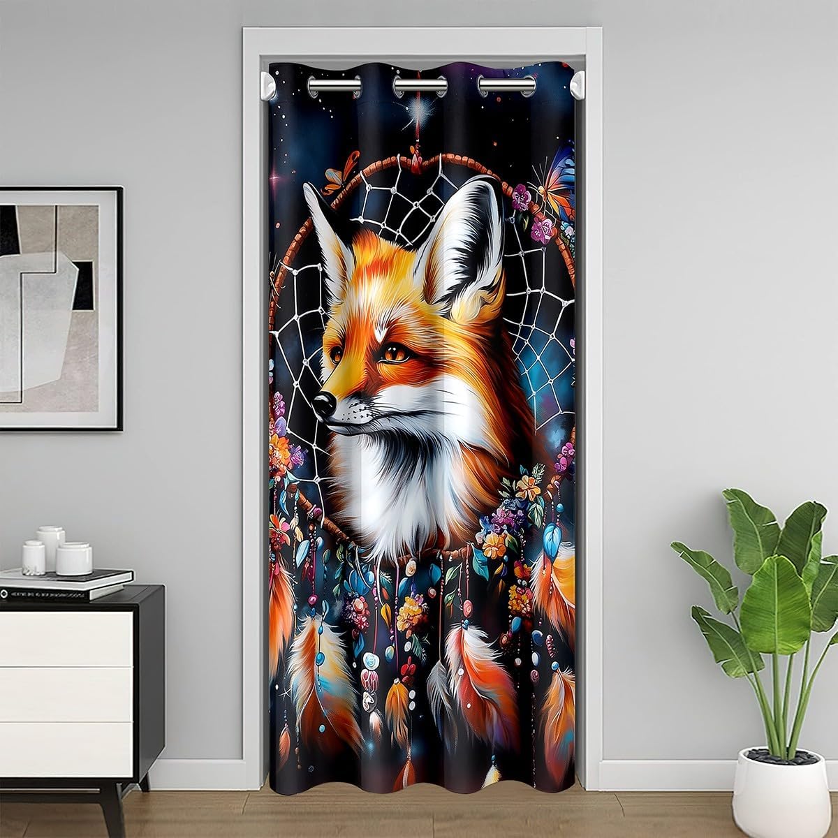 Fox Dream Catcher Door Curtain Watercolor Animal Feather Blackout Curtain for Kids Boys Girls Bohemia Tribe Farmhouse All Season Blackout Curtain Gradient Starry Door Drape 42" W X 80" L
