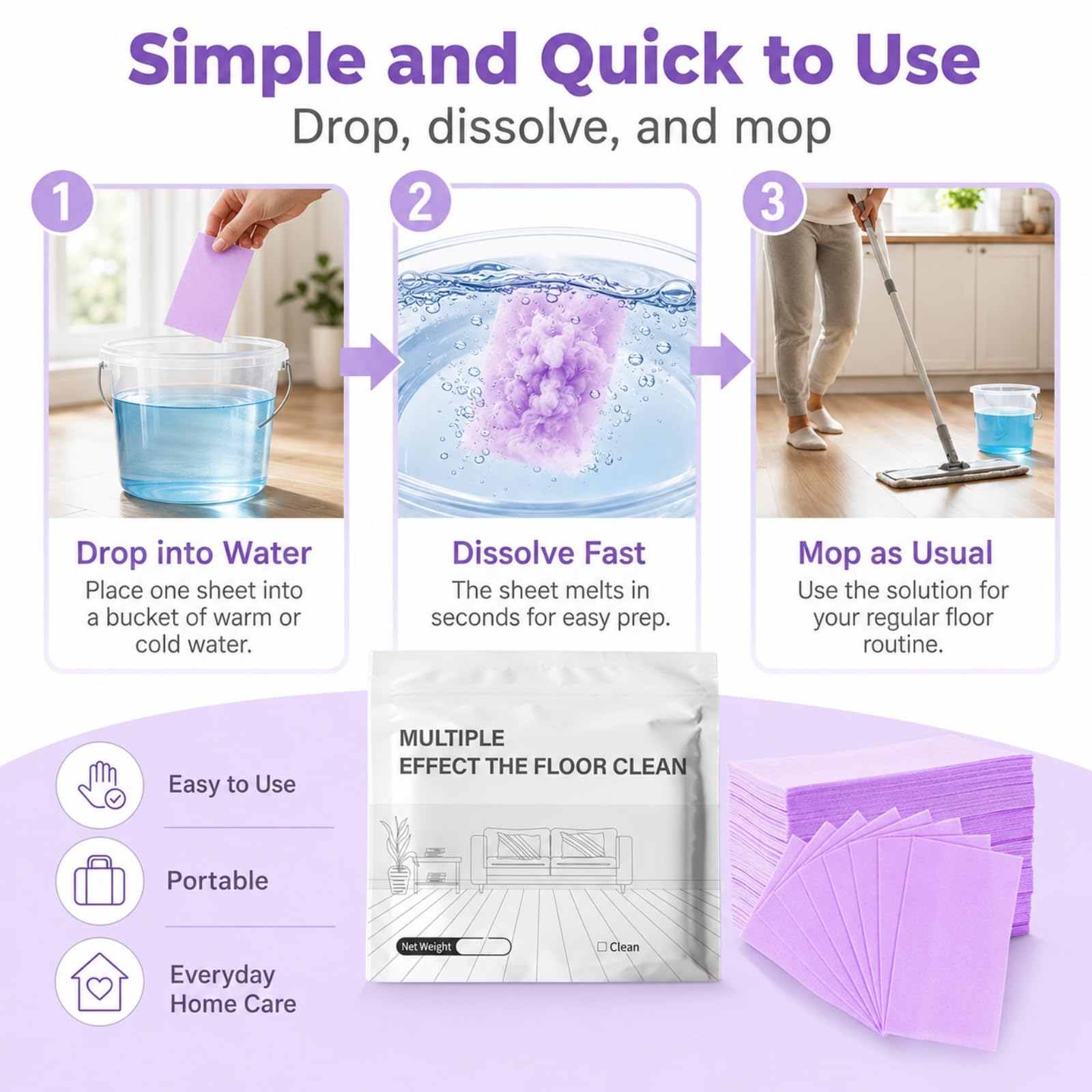 Multi-Effect Floor Clean Tablets, Floor Cleaning Tablets Multi-surface Cleaner, Multiple Effect the floors Clean, No-Rinse, Concentrated Floor Cleaner for Hardwood, Tile (Blue, 100PCS)