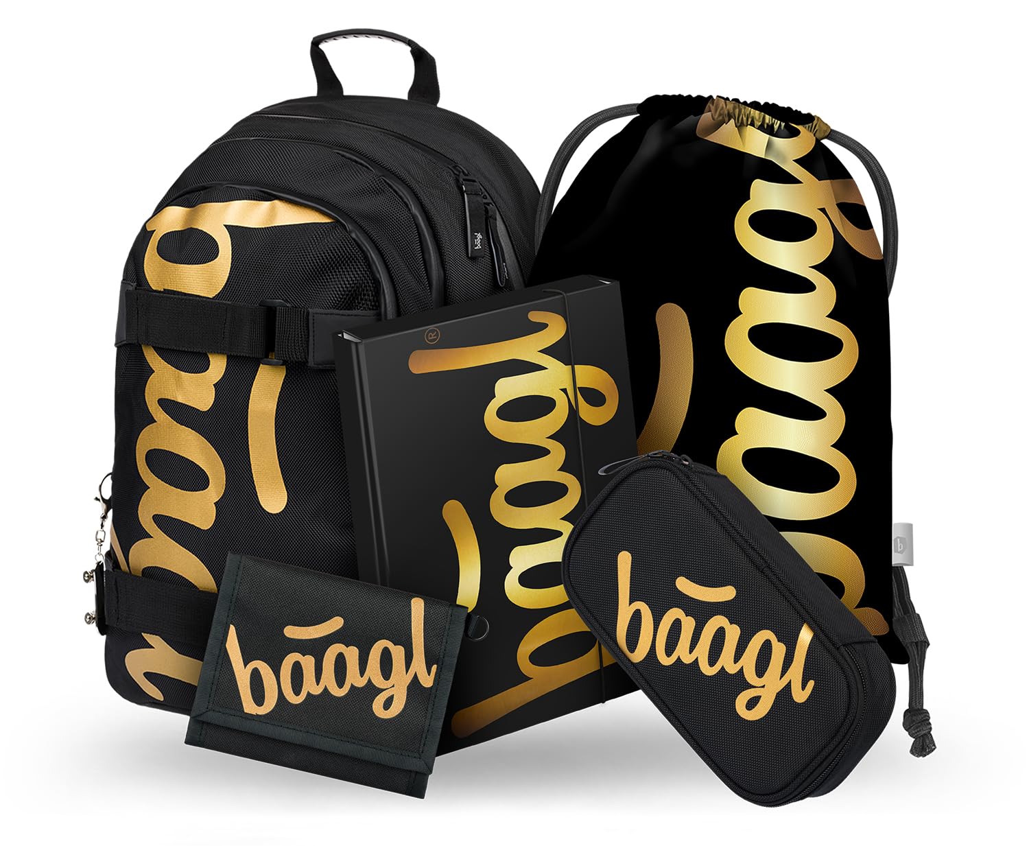 Baagl Schulrucksack Set Jungen Mädchen 5-Teilig ab 3. Klasse - Skate Gold | SKATE Schulrucksack Set mit Turnbeutel, Mäppchen, ergonomischem Rücken und Brustgurt für den Schulalltag.