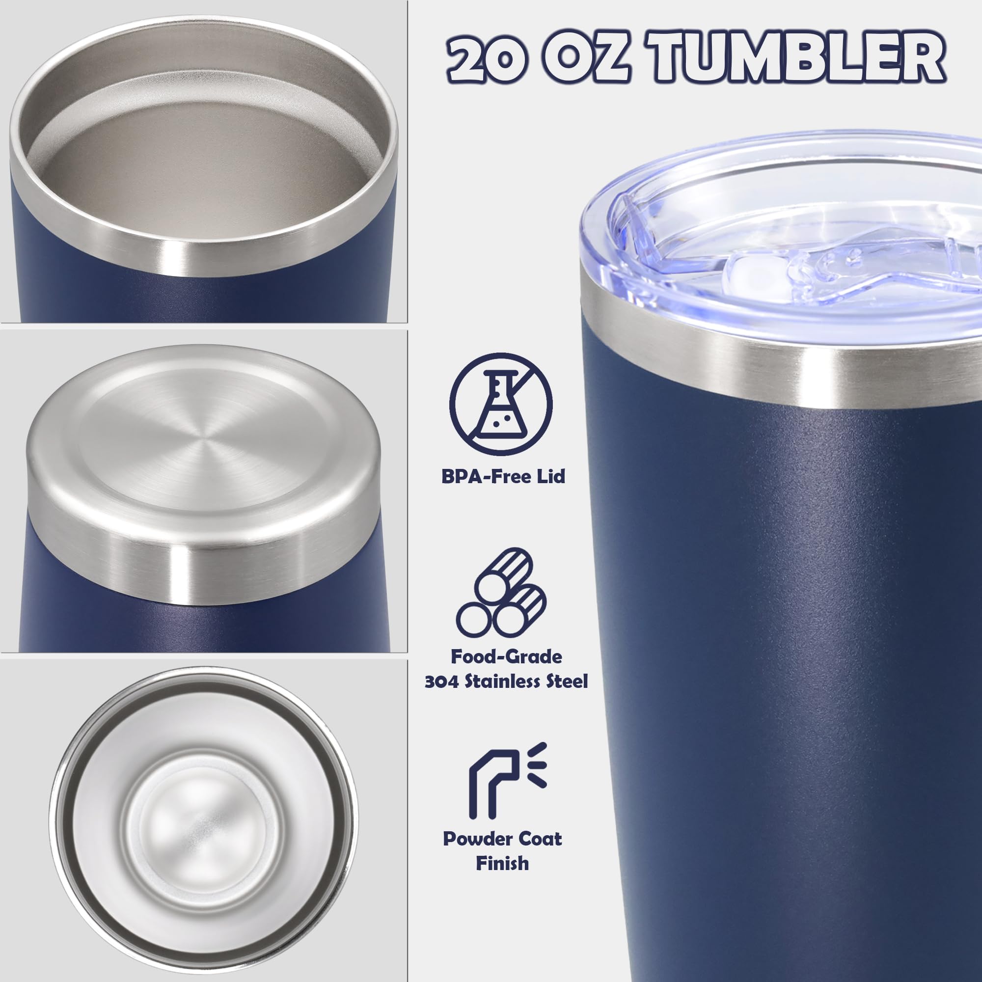 567 g Tumbler Edelstahl Tumbler Kaffeebecher mit Deckel Navy 8P | Vakuumisolierter doppelwandiger Reisebecher, langlebig, pulverbeschichtet, für heiße und kalte Getränke
