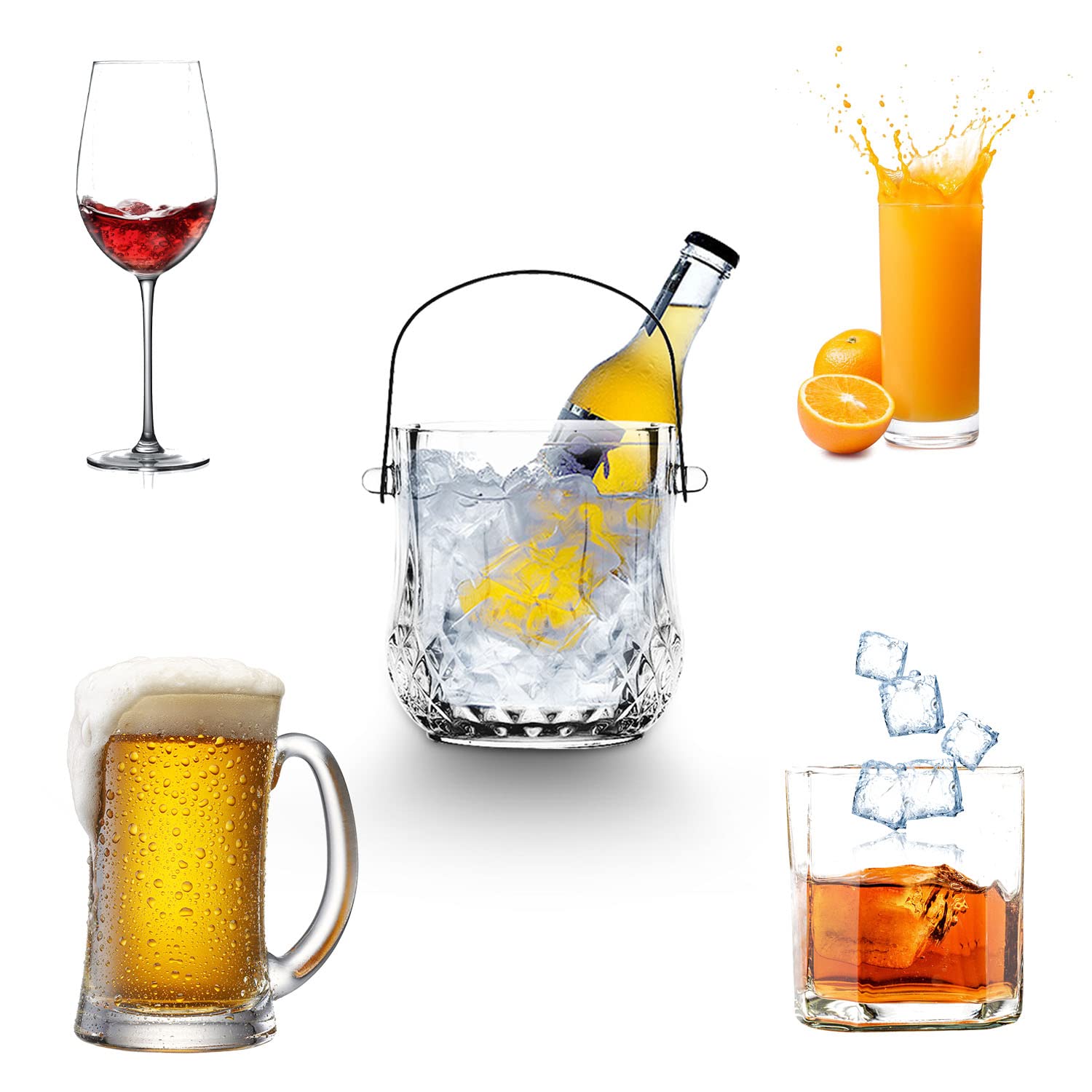 ABHOME Seau à glace en verre avec poignée en acier inoxydable et pince pour bar, fête, cocktail, barbecue dans le jardin, pique-nique, camping – Seau à vin/champagne en verre, transparent (type 1)