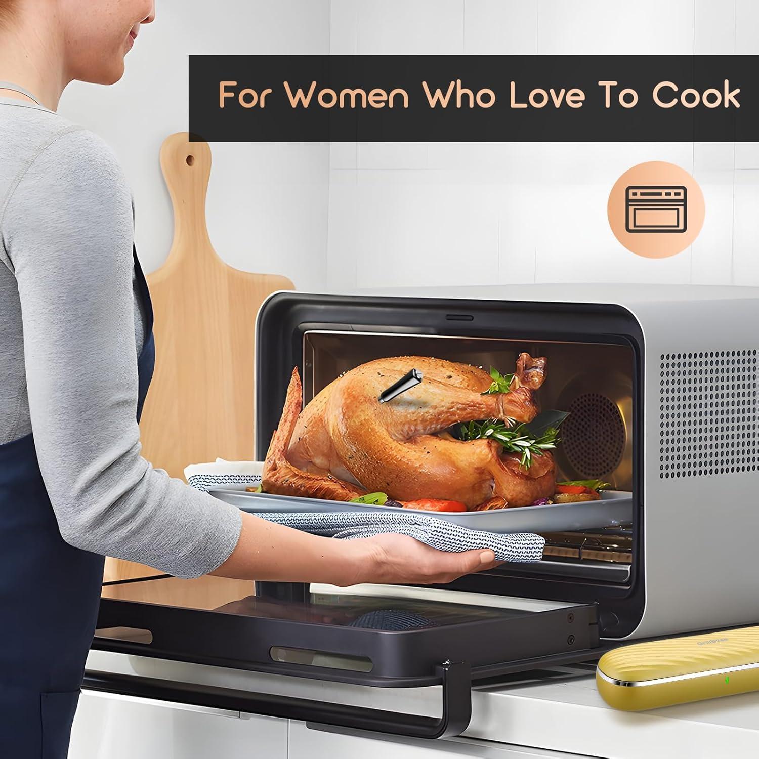 GrillBliss charging case connected to a power adapter via USB-C cable, with a cooked steak in the background