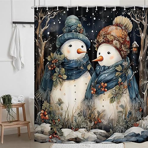 Miniatura 4 de Xiaoput Cortina de ducha con diseño de muñeco de nieve de invierno para baño, muñeco de nieve de Navidad en bosque nevado, impermeable, accesorios