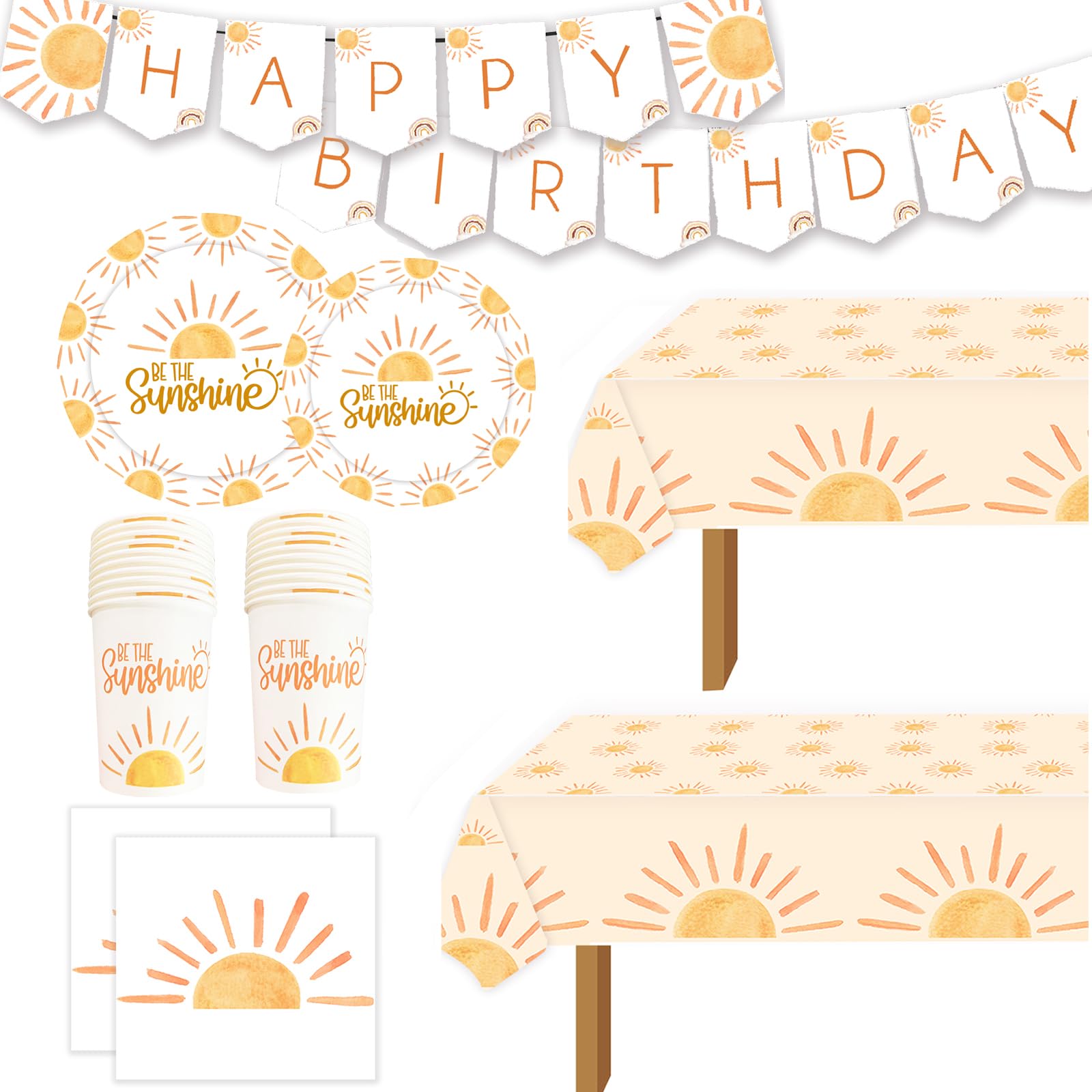 Be Sunshine Boho Sun Banner Paper Plates Napkins Cups and Table cloth First Trip Inspired Around The Sun Birthday Decorations You Are My Sun Sunshine Party Supplies Boho Sun Birthday Decoration