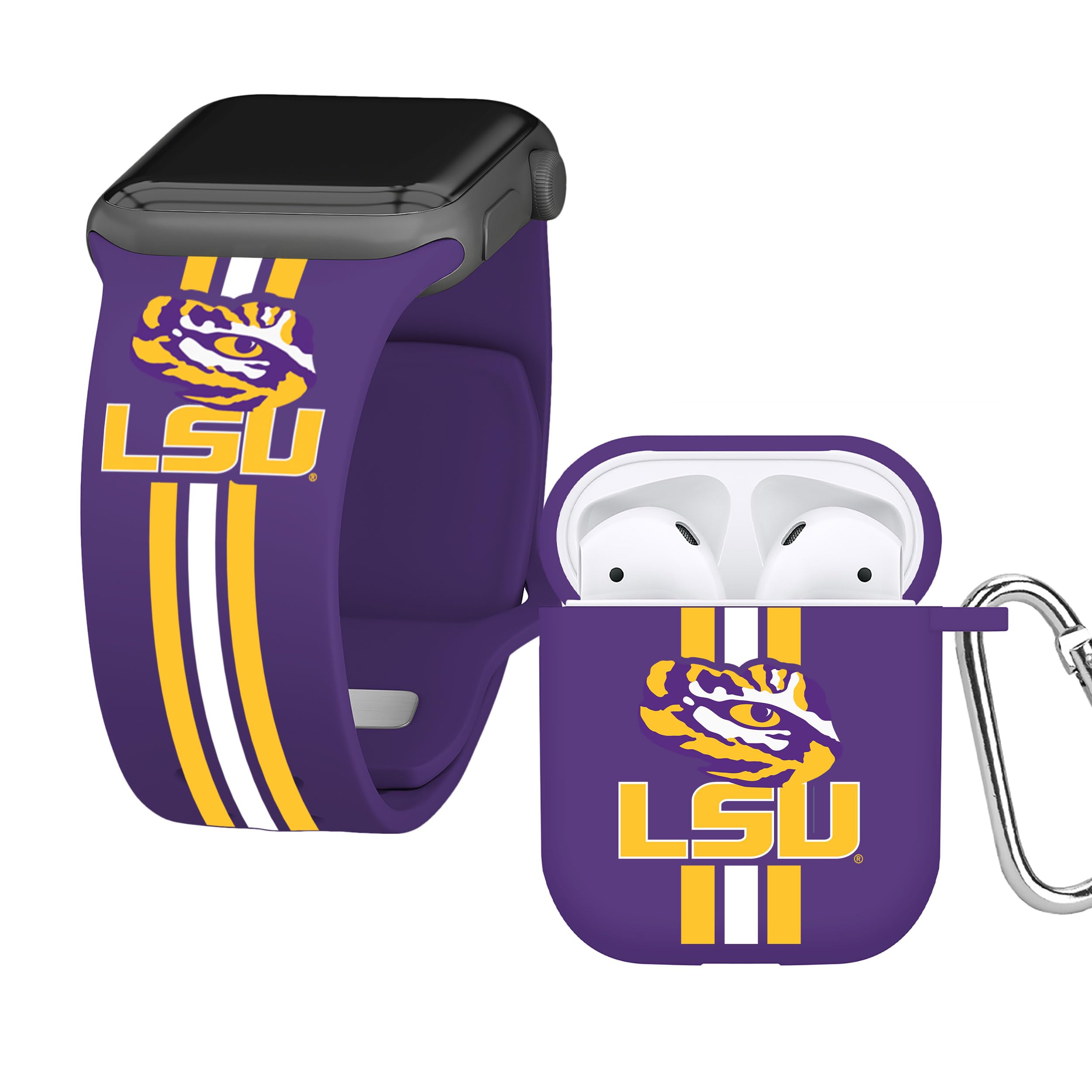 Affinity Bands Louisiana State Tigers HD Combo Package Compatible with Apple Watch and AirPods Gen 1 & 2 (42/44/45mm Long Stripes)