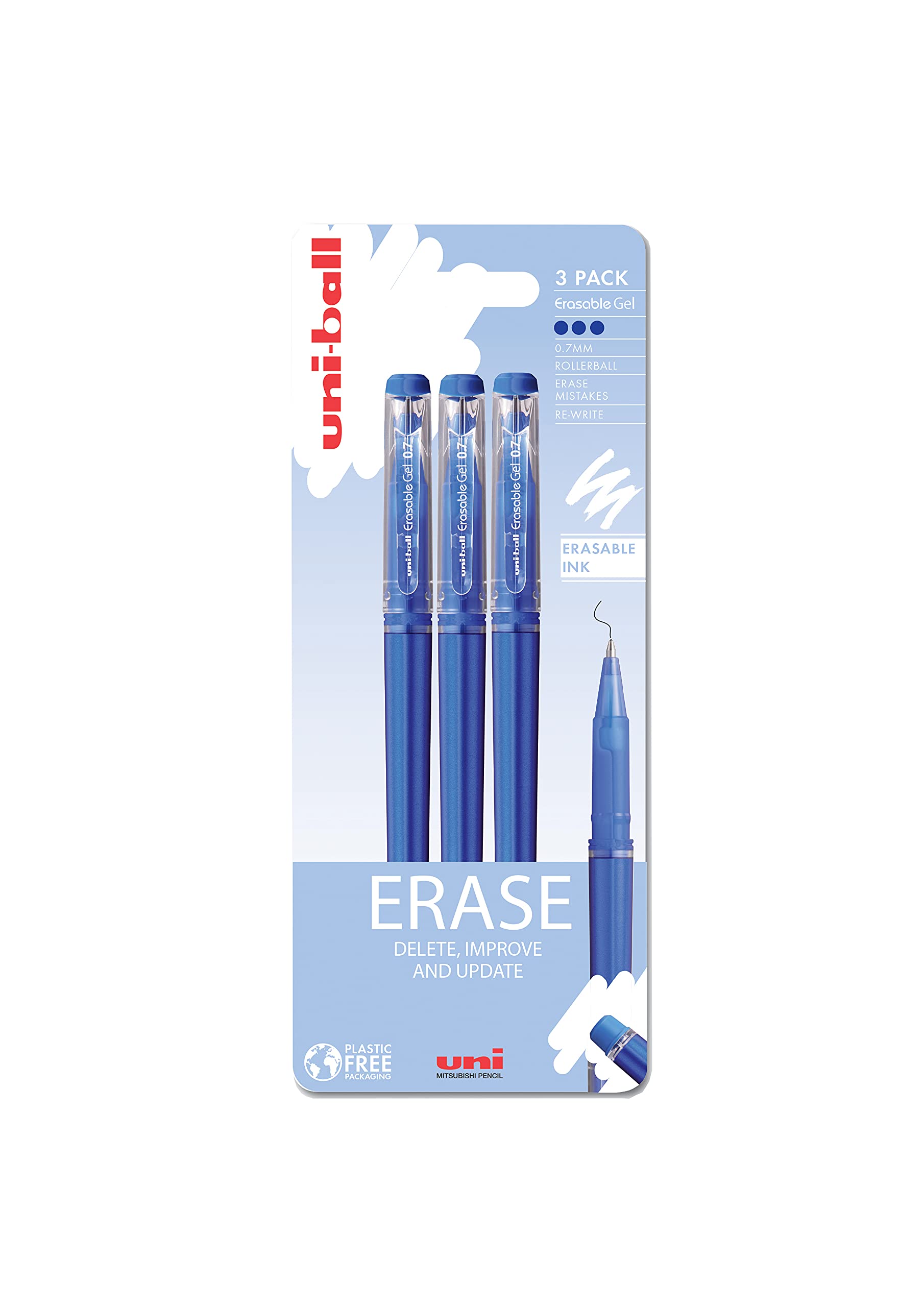 uni-ball UF-222-07 Erasable Blue Ballpoint Gel Ink Pens (3 pack), 0.7mm Tip, Erase Ink by Rubbing out with Eraser