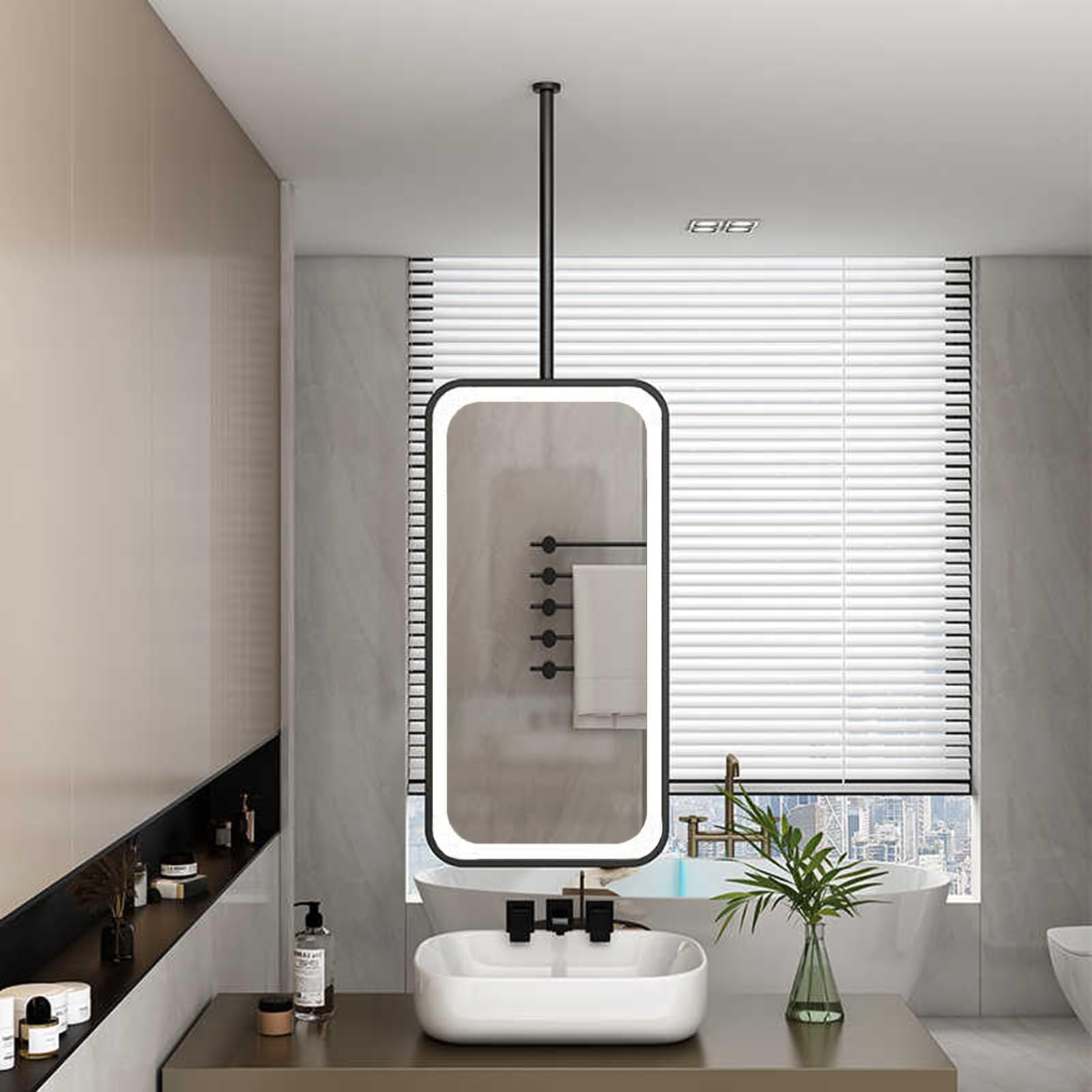 MESOVFCA LED Ceiling Mirror, Floating Square Bathroom Vanity with 3 Colors and Dimmable Lights, Suitable for Home Or Hotel(Black,60x100cm)