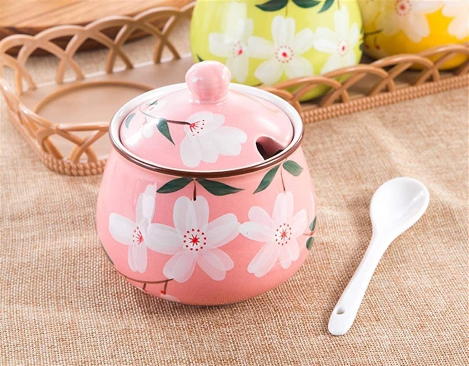 Bocal à épices, bol à sucre, tasse à sucre de fleur japonaise peinte à la main en céramique avec couvercle cuillère