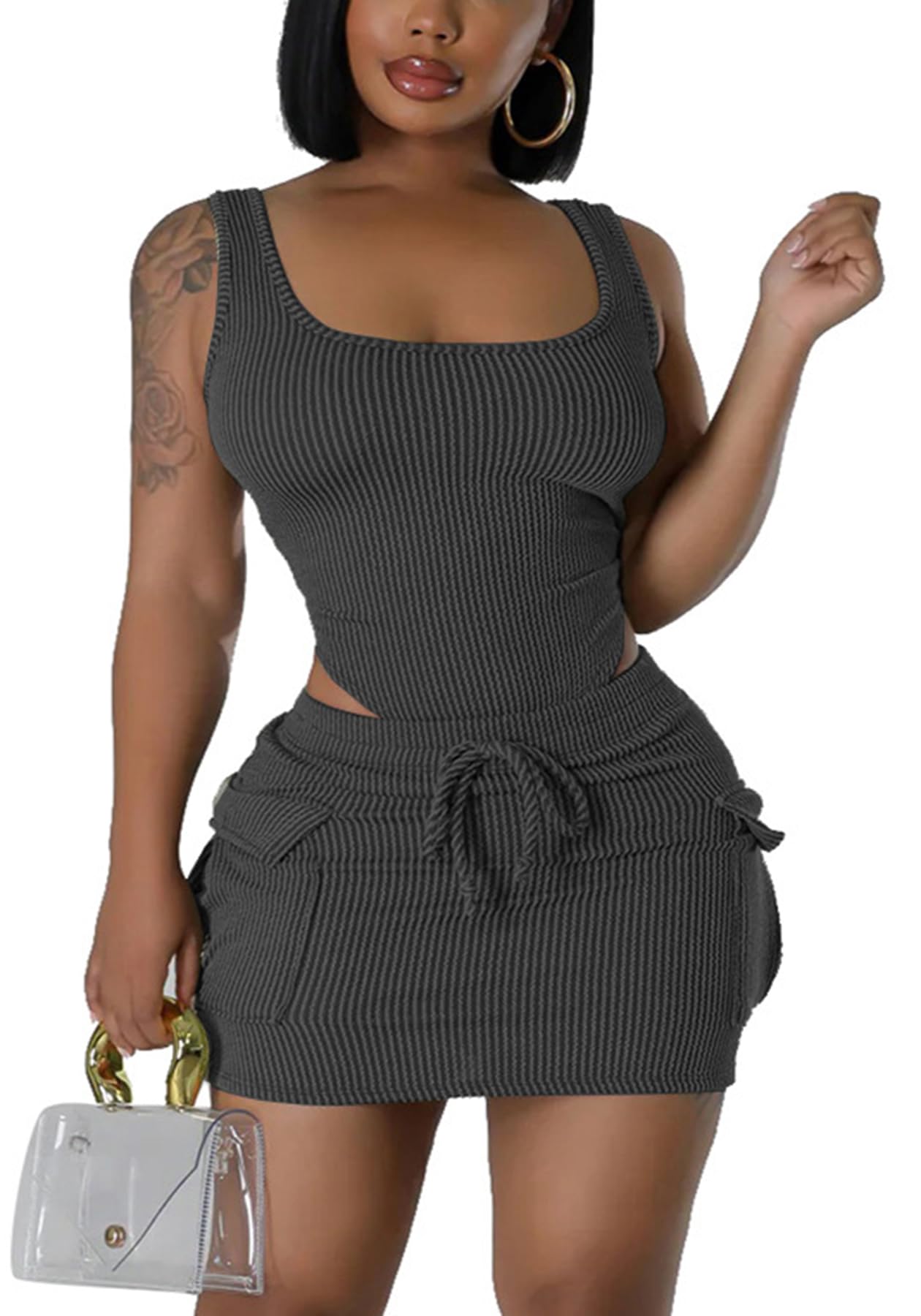 Ptorlio 2 Piece Sets for Women Sleeveless Shapewear Bodysuit Sexy Mini Skirt Set Club Outfits