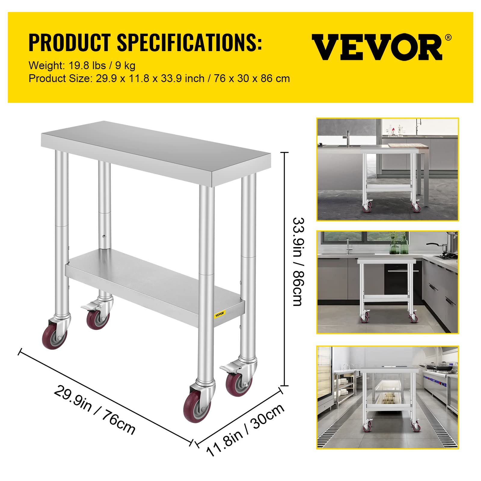 VEVOR Tavolo da Lavoro in Acciaio Inox Piano di Lavoro per Cucina 76x30x86cm Piano di Lavoro Professionale a 4 Ruote per La Preparazione di Alimenti