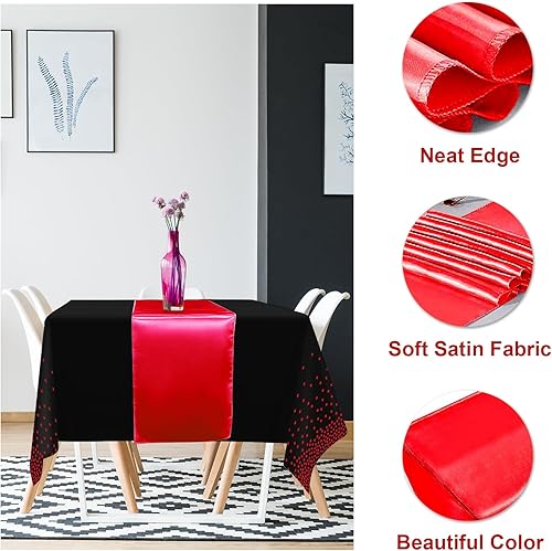 Miniatura 3 de Juego de 16 manteles desechables de plástico para fiestas y camino de mesa de satén negro y rojo, mantel de satén rojo para bodas, cumpleaños, baby