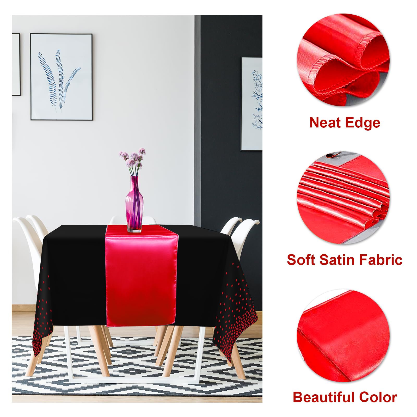 Juego de 16 manteles desechables de plástico para fiestas y camino de mesa de satén, mantel de lunares negros y rojos, camino de mesa de satén rojo para bodas, cumpleaños, baby shower, aniversarios,