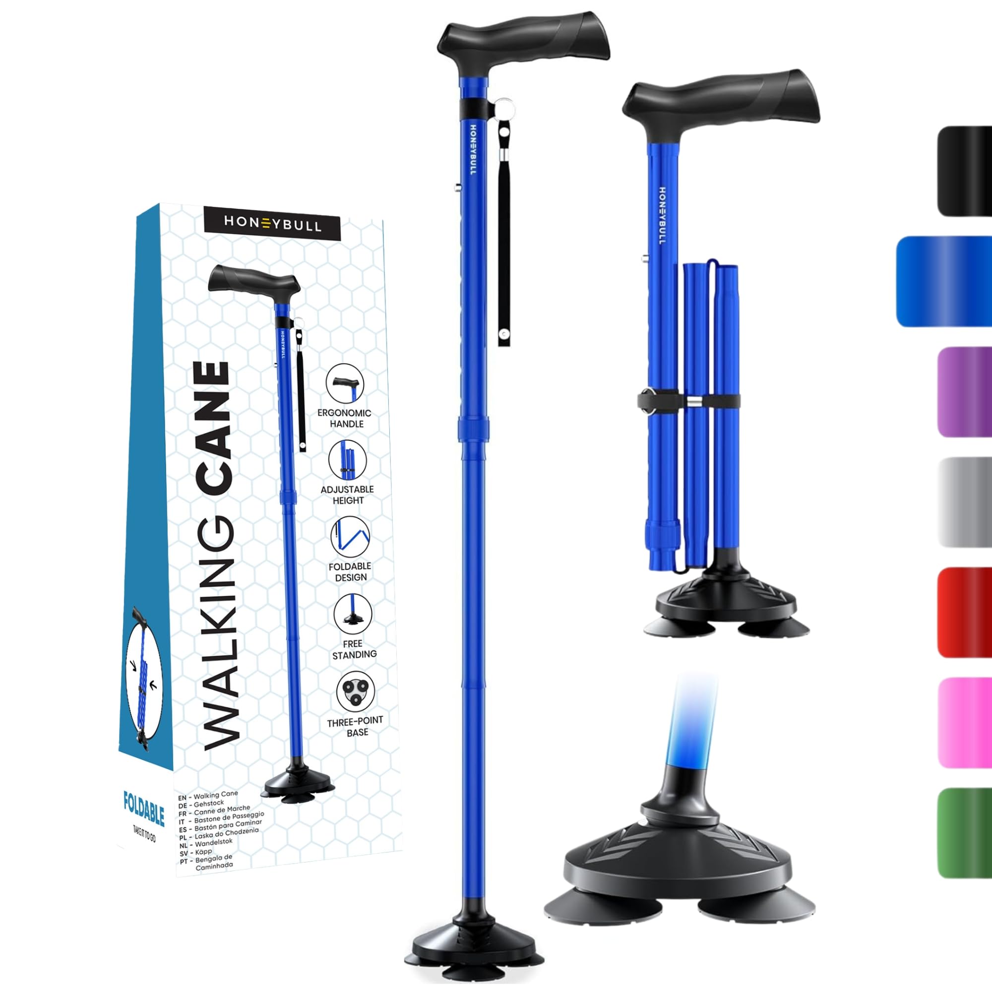 HONEYBULL Walking Cane for Men & Women - Foldable, Adjustable, Collapsible, Free Standing Cane, Pivot Tip, Heavy Duty, with Travel Bag | Walking Sticks, Folding Canes for Seniors & Adults
