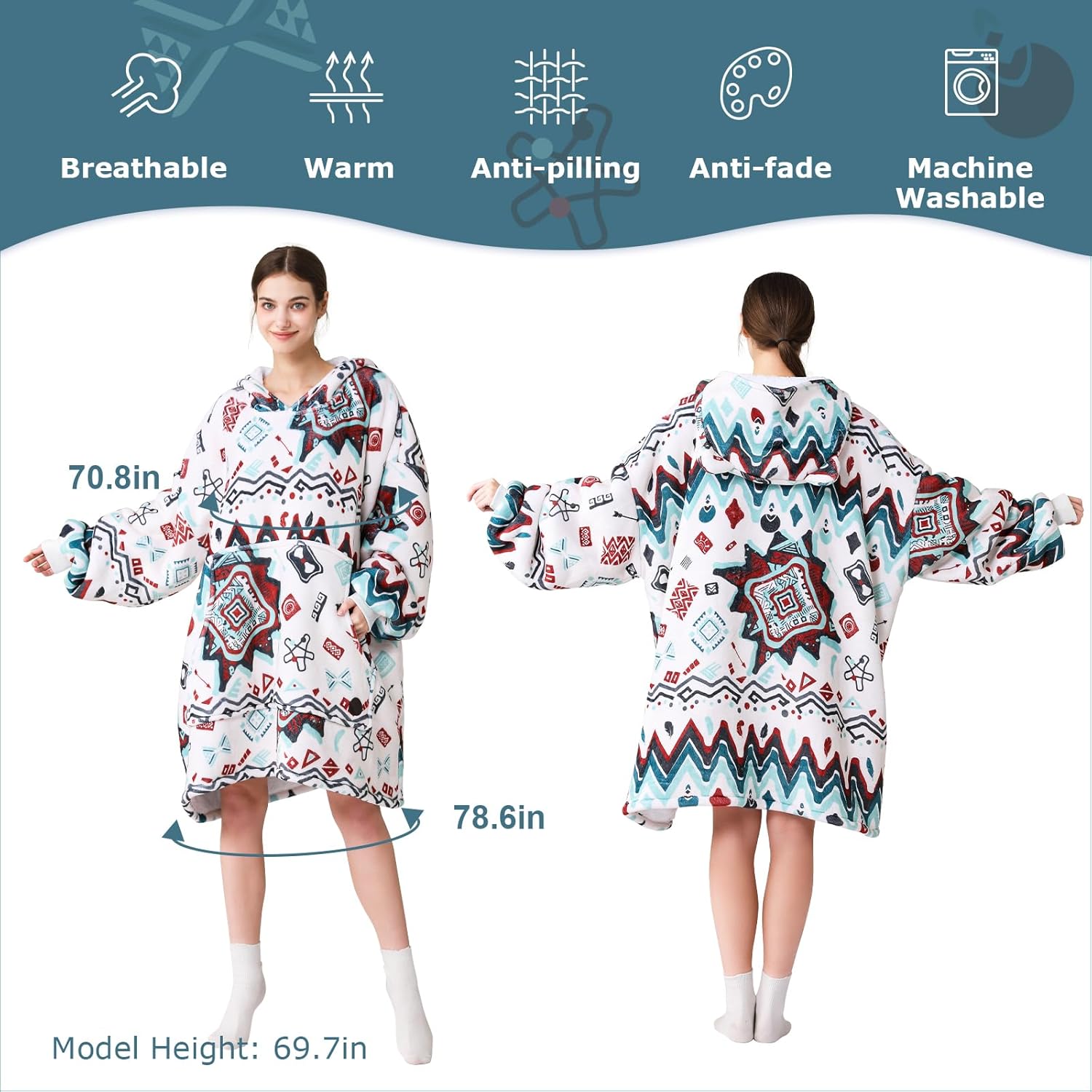 THREE POODLE Wearable Blanket Hoodie for Women, Oversized Sherpa Sweatshirt Blanket for Adults Men, Cozy Bohemia Hooded Blankets, Gifts for Teen Girls Women Mom Sister - Image 2