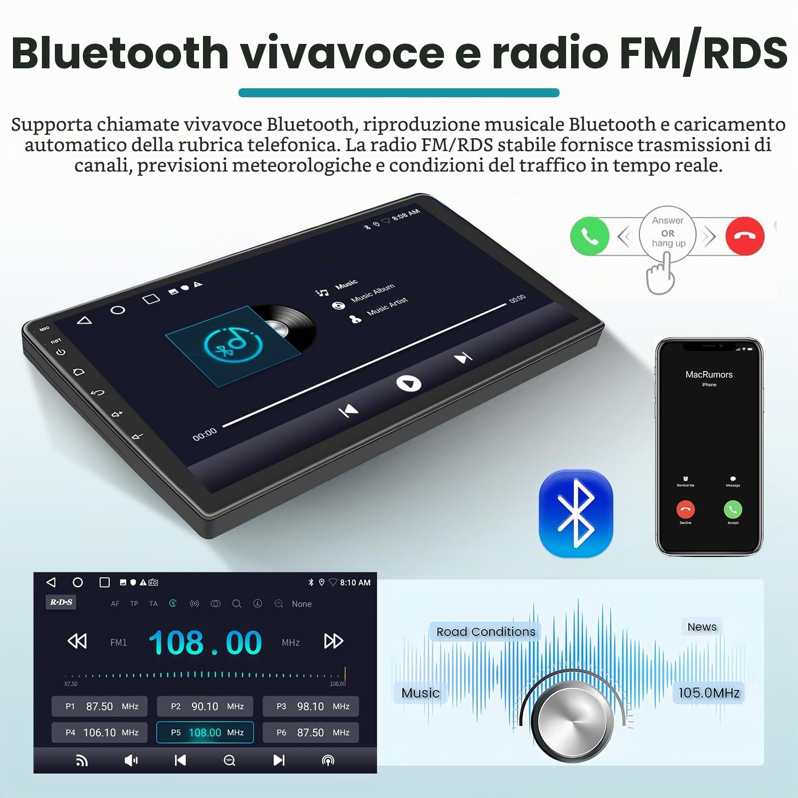 Roinvou 2+64G Schermo Radio per Seat Ibiza 2009-2013 con Wireless CarPlay Android Auto, Android Autoradio 9 Pollici Stereo Auto con Wi-Fi GPS Bluetooth EQ FM/RDS SWC Telecamera Posteriore