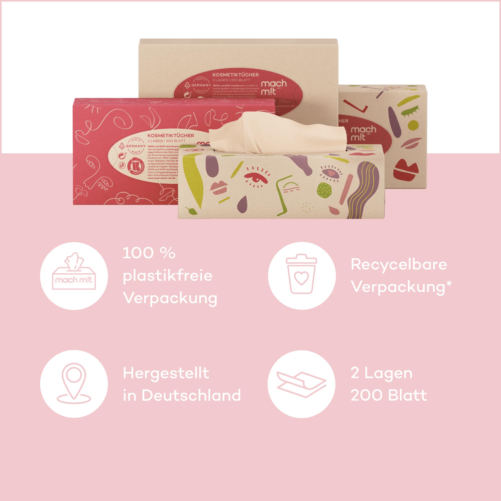 machm!t Kosmetiktücher 2-lagig - 4.800 Stk. - 24 Boxen mit 200 Tücher – ungebleicht - aus recyceltem Karton - weich & nachhaltig – Made in Germany – 100% recycelbar - Großpackung mit 24 Packungen
