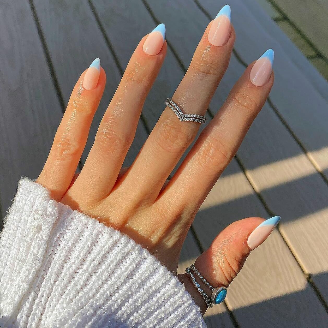 KQueenest 30 Pcs Baby Blue French Tip Press on Nails Short Almond Nails Acrylic, Medium Natural Nude Fake Nails Press ons, Classic Glue on Nails Short, Gel French Tip Nails for Women DIY Manicure