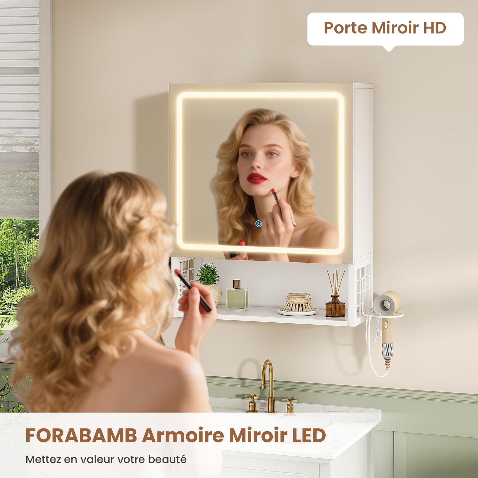 Spiegelschrank Bad mit LED-Beleuchtung,Badezimmer Spiegelschrank mit verstellbarer Ablage,HD-Spiegel, Hängekorb,Haartrockner-Halter,3 Lichtfarbe Einstellbar, Badezimmerschrank 50×16×60cm,Weiß