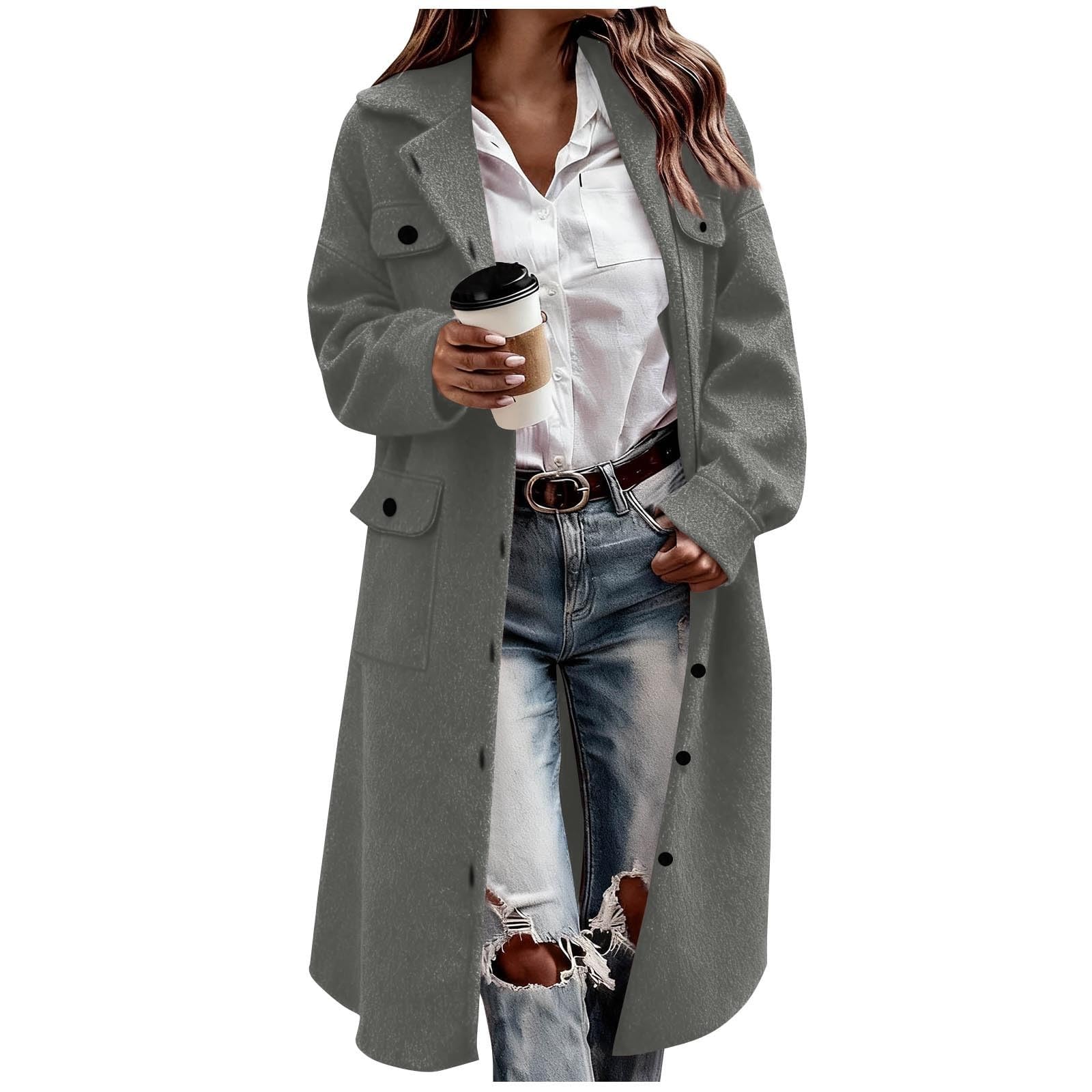 Trench Coat Women Long Single-Breasted Thick Wool Trench Coat Casual Notch Lapel Warm Pea Coat Winter Overcoat