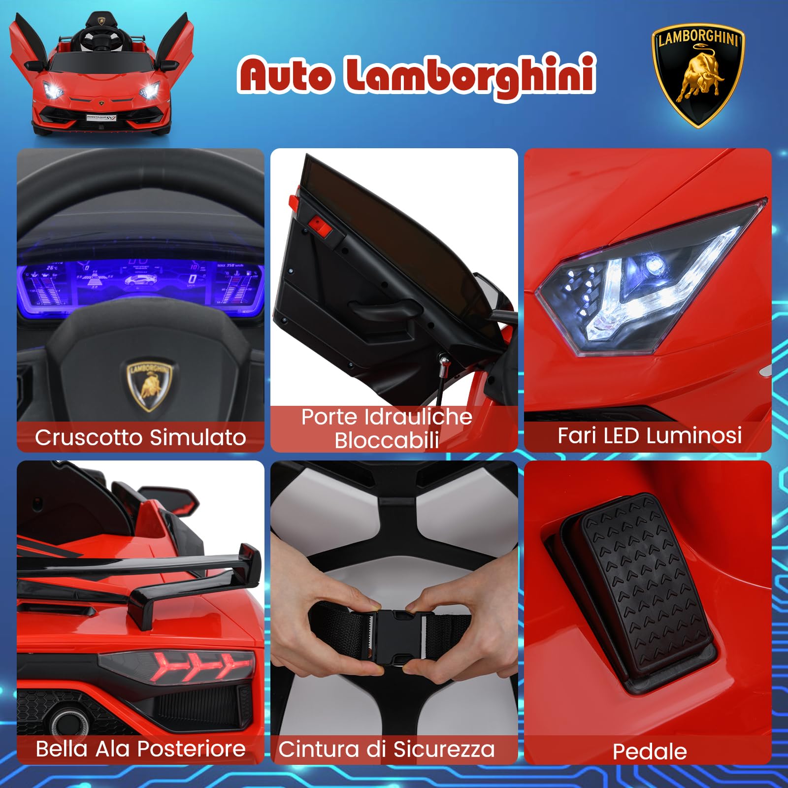 COSTWAY 12V Lamborghini Macchina Elettrica per Bambini, Veicolo Elettrico con Telecomando Sospensione a Molla Luci LED MP3, 3-5 km/h, per Bambini 3 Anni+ (Rosso)