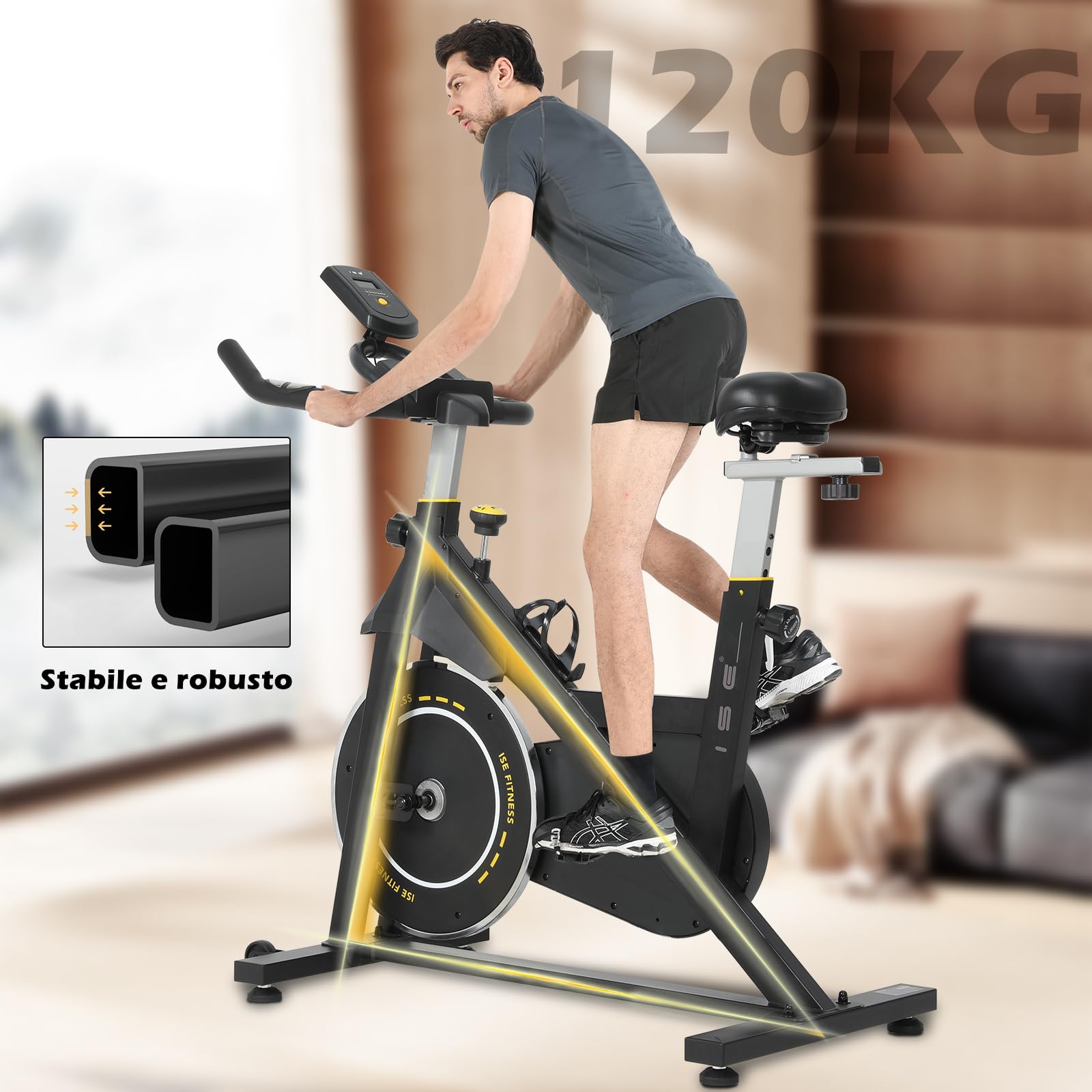 ISE Cyclette da Casa con Resistenza Regolabile, Cyclette per Casa Professionale con Schermo LCD Supporto per Smartphone Exercise Bike per Palestra a Casa