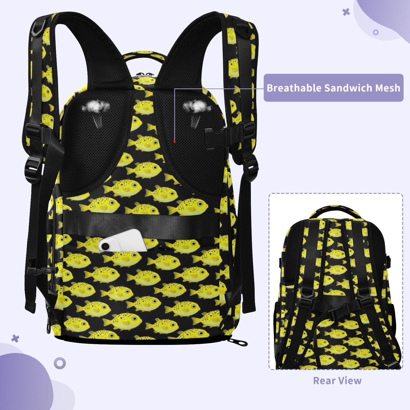 Damski plecak osobisty torba podróżna do samolotów 20 l | Wodoodporna lekka torba na laptopa groszek puffers ryba żółta czarna 15,6 torba na laptopa do szkoły bolso para viaje 20 l