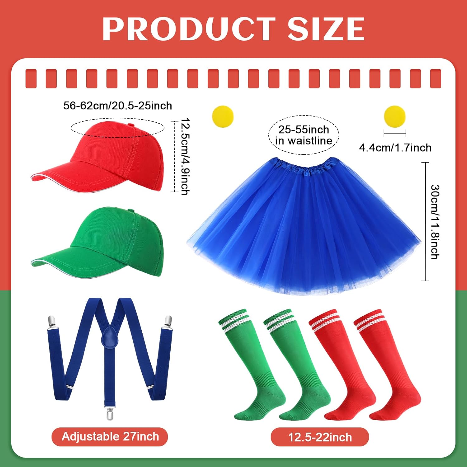 HooLing 2 Set Halloween Cosplay Costume for Women Twins Blue Tutu Skirt Suspenders Red & Green Stockings Baseball Cap Yellow Brooch for Adult Halloween Cosplay - Image 2