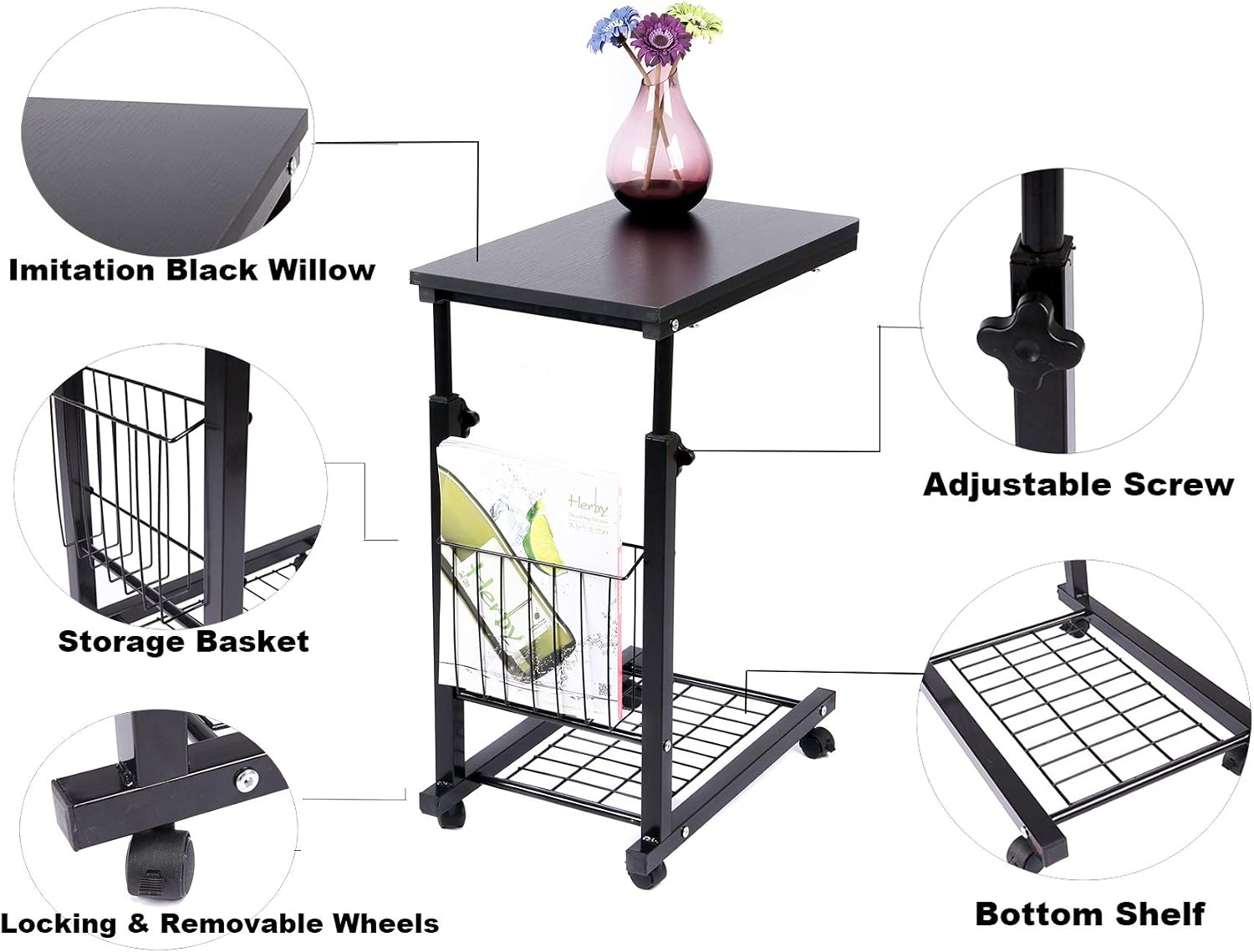 SIDUCAL End Table Height Adjustable Snack Side Table Under The Sofa Overbed Table, Black