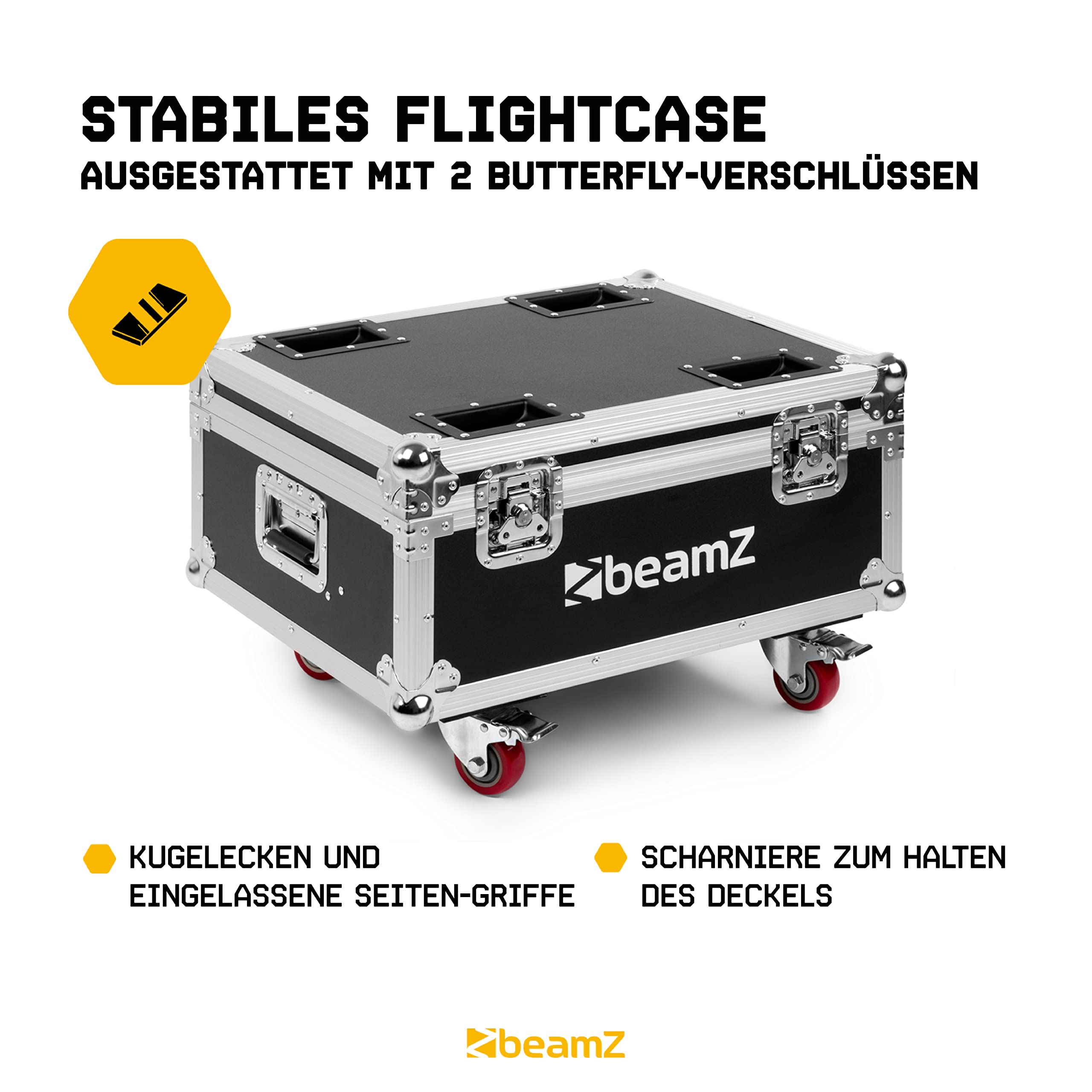 BeamZ BBP94 LED Uplight LED Par Strahler, 8er Set im Ladecase, 10 x 4 Watt, Bühnenbeleuchtung Set für DJ Pult, Bühnenlicht, DMX-LAN, Partylicht Musikgesteuert, Bühnenequipment, mit Fernbedienung