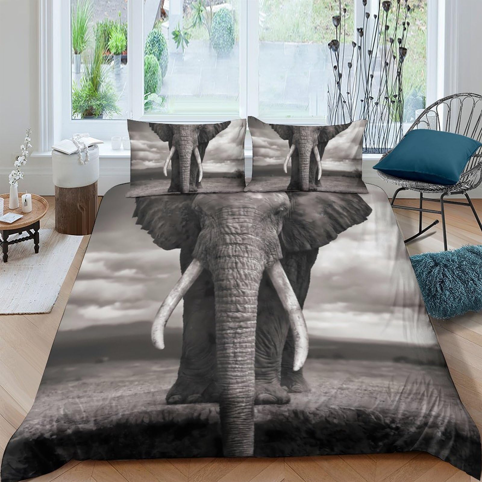 GPLZQXKJNH 3D Printed Elephant Safari Duvet Cover Microfiber Soft Breathable African Wildlife Bedding Set with 2 Pillowcases for Bedroom Decor Single（135x200cm）