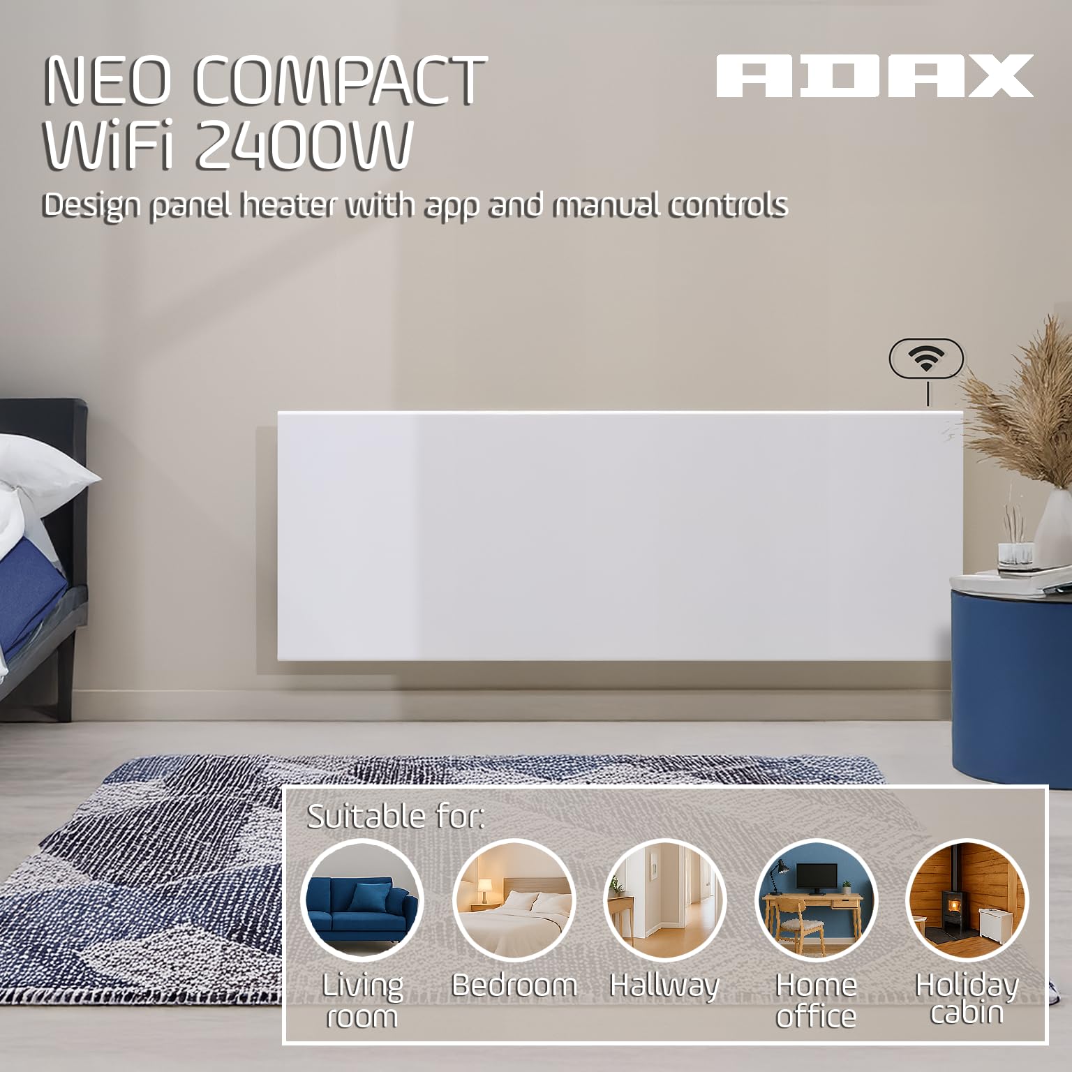 Adax Neo Compact – inteligentny grzejnik elektryczny Wifi – 2400 W, biały, ogrzewanie elektryczne do montażu na ścianie, konwektor ścienny, 420 mm, sterowanie smartfonem, termostat z wyświetlaczem LCD