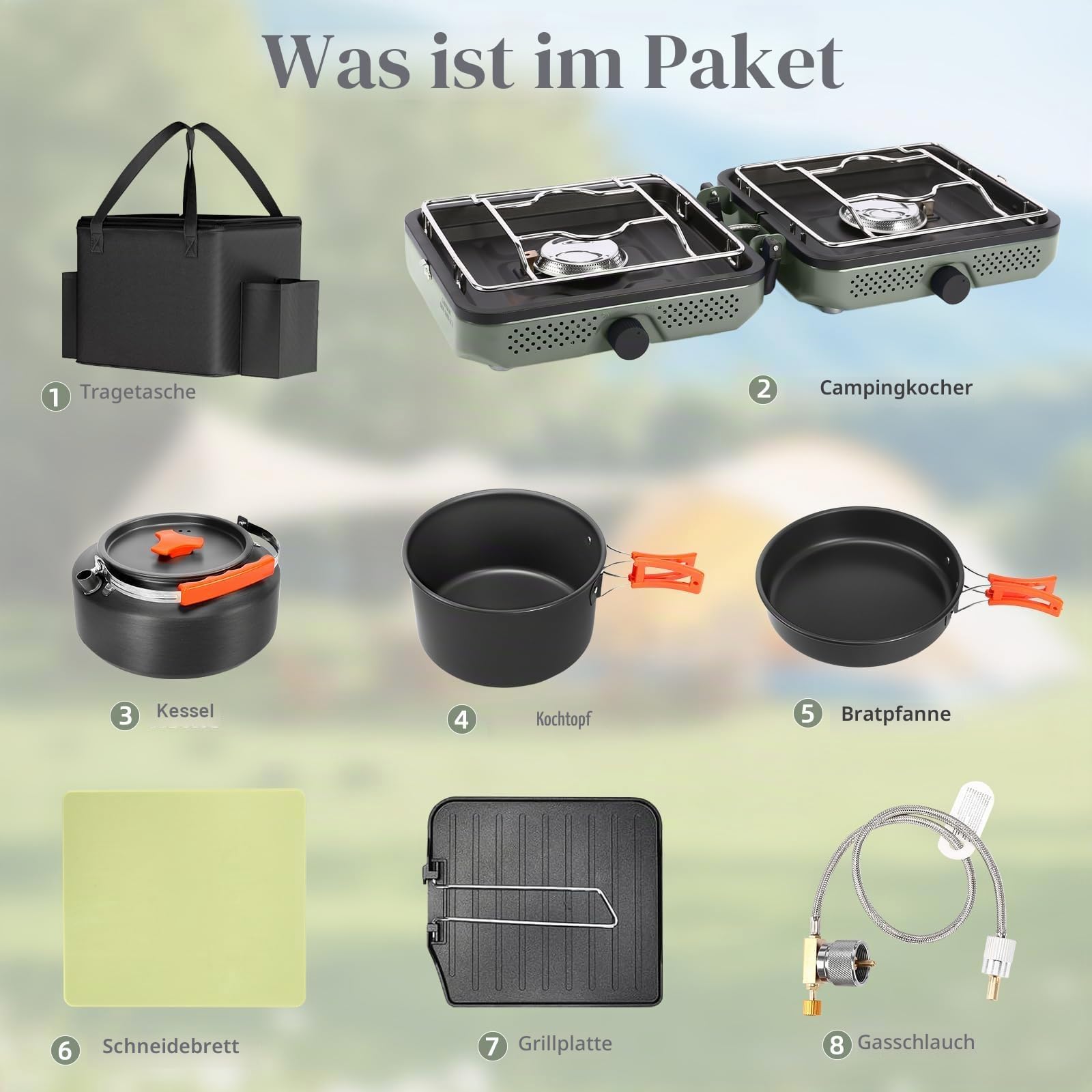 GFTIME Tragbarer 2-Brenner Campingkocher Set mit Kochgeschirr, 30000 BTU/h, Outdoor-Kochset inkl. Outdoor Klapp-Gasherd, Bratpfanne, Grillplatte, Wasserkocher, Topf und Tragetasche, für Propan&Butan