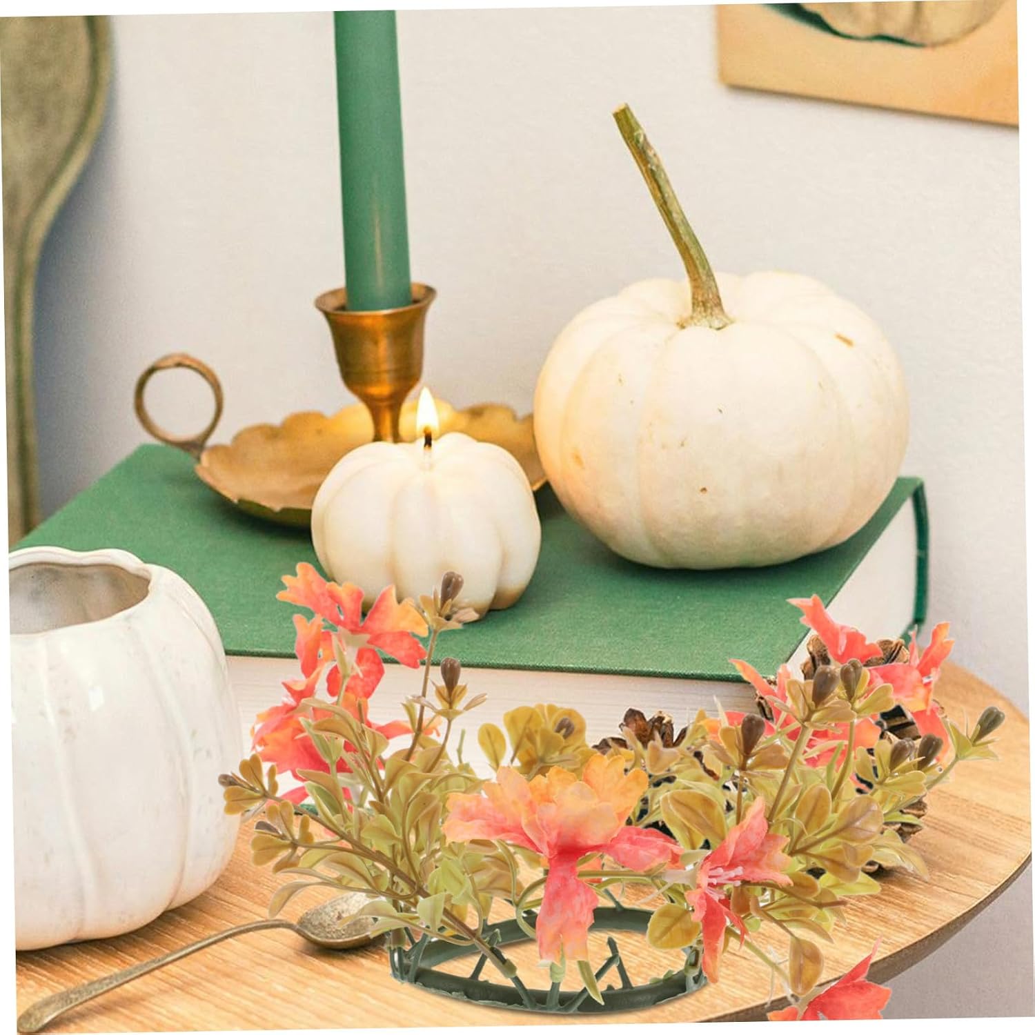 Artificial Flower Candle Ring Wreath for Fall Wedding Decoration Autumn Pillar Candleholder with Realistic Floral Design Tabletop Accent for Thanksgiving Day and Seasonal Parties