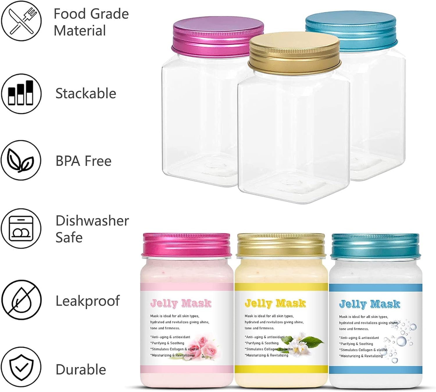 12 oz Transparent Jelly Mask Container with Colorful Metal Lid - BPA-Free Clear Refillable Wide Mouth Plastic Square Cosmetic Packaging Jars (6 pack) : Home & Kitchen