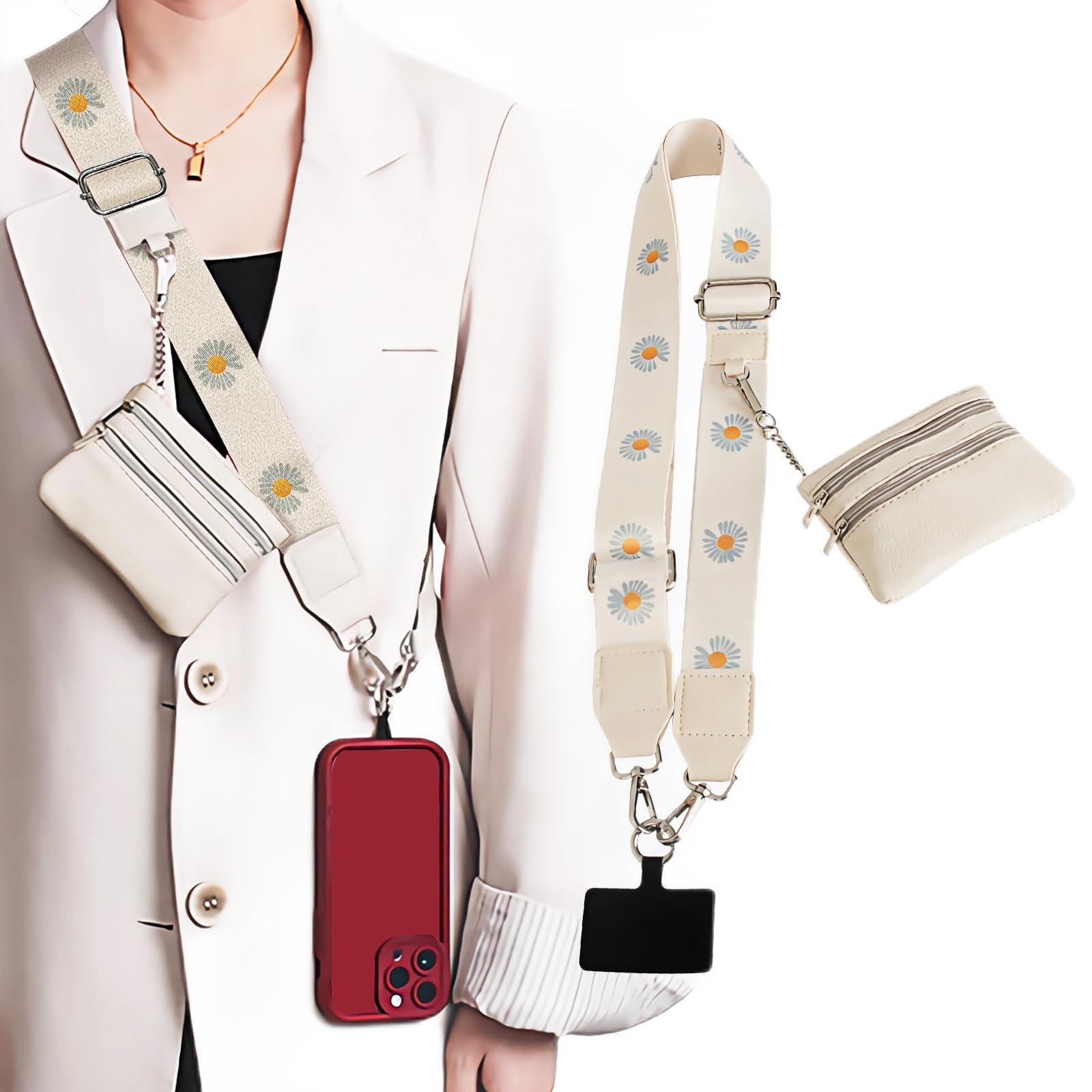 Cxqbsmy Phone Strap with Zippered Pouch, Removable Clip and Go Strap for Phone with Leather Wallet Crossbody for Most Smartphones, Stylish Adjustable Chain Phone Lanyard for Going Out and Party(White)