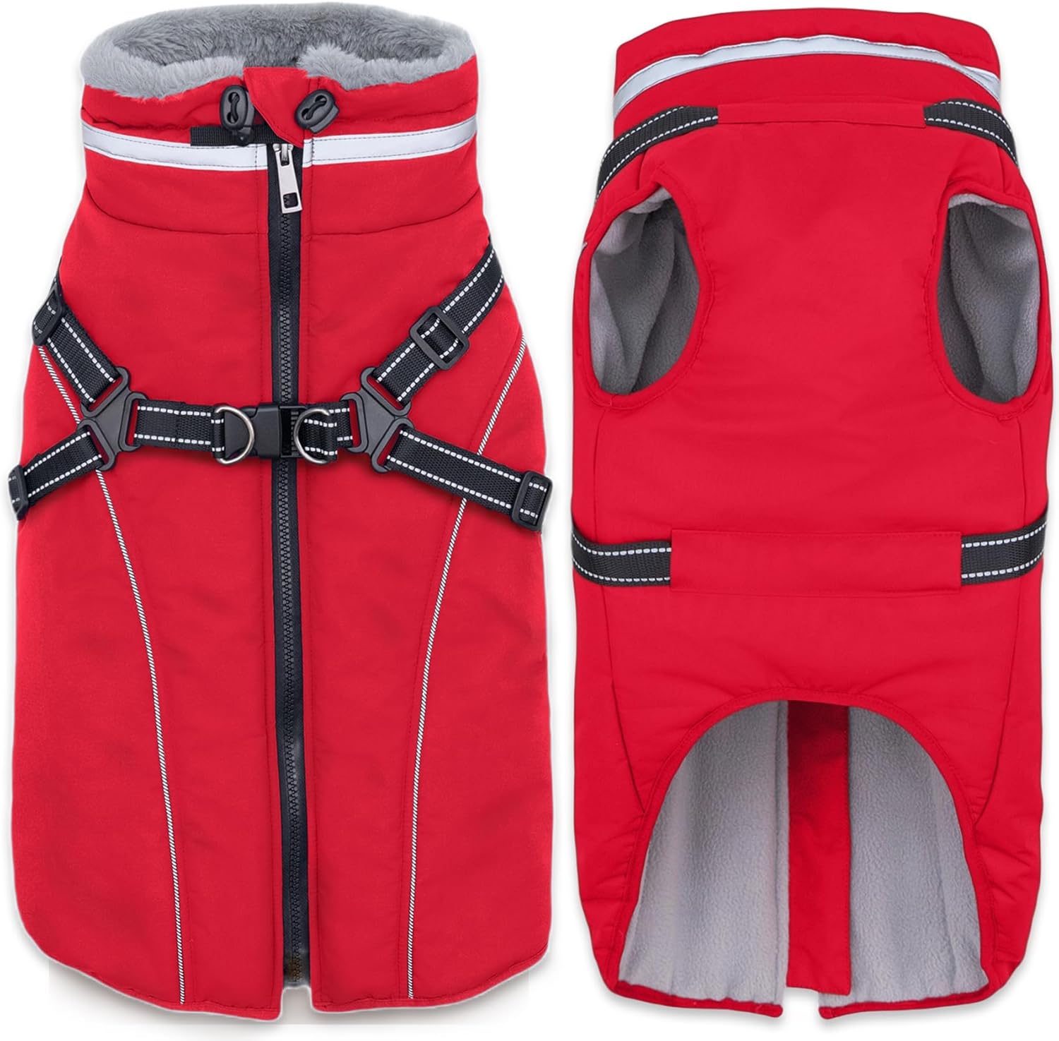Fragralley Dog Coat with Harness Built in, Waterproof Windproof Reflective Warm Puffer Jacket, Fleece Lined Vest Winter Parka for Small, Medium, Large Dogs? Medium Red