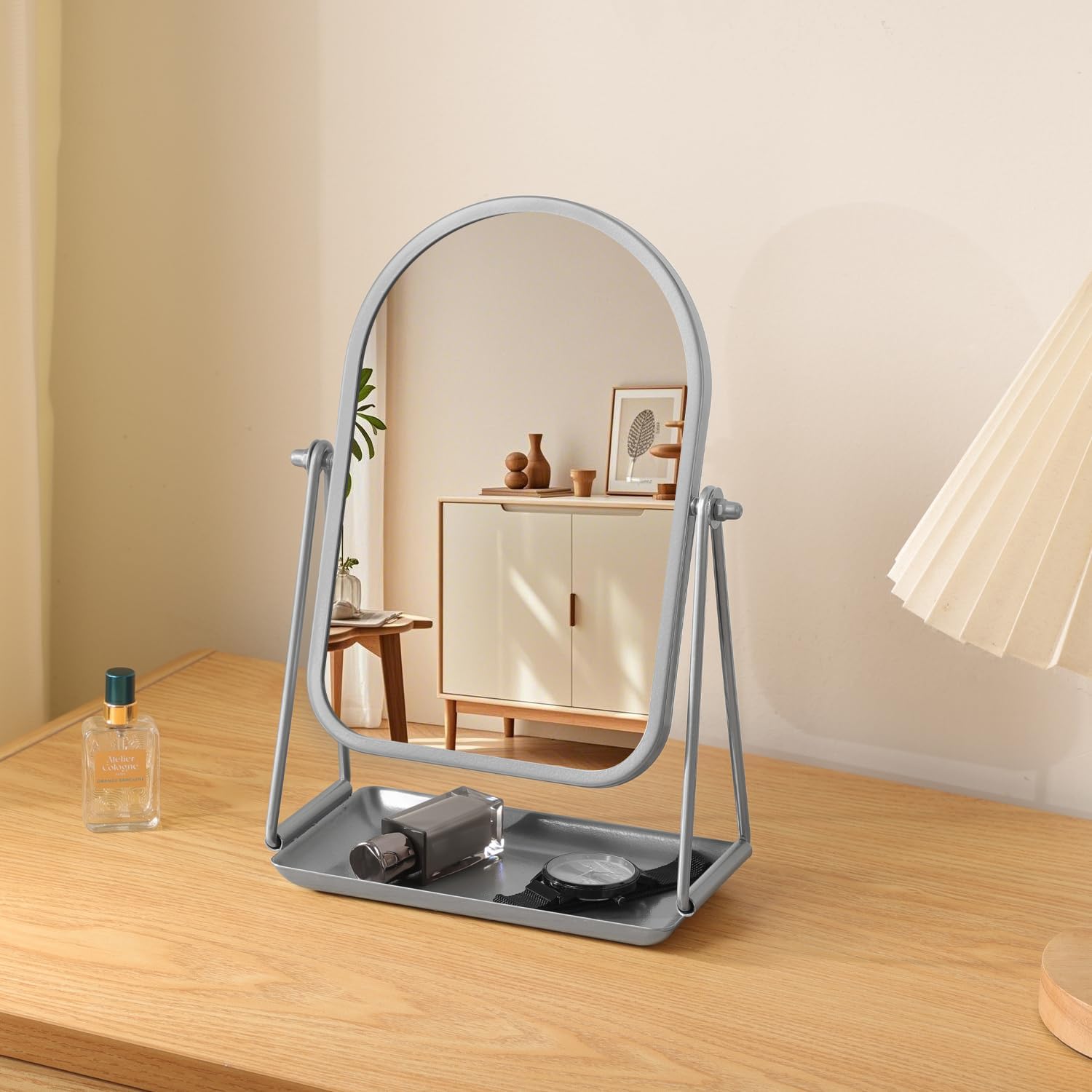 Vanity Mirror for Desk Arched Table Makeup Mirror 360°Rotation Freestanding Vanity Mirror with Metal Tray Silver Countertop Mirror with Storage for Living Room Bedroom Bathroom