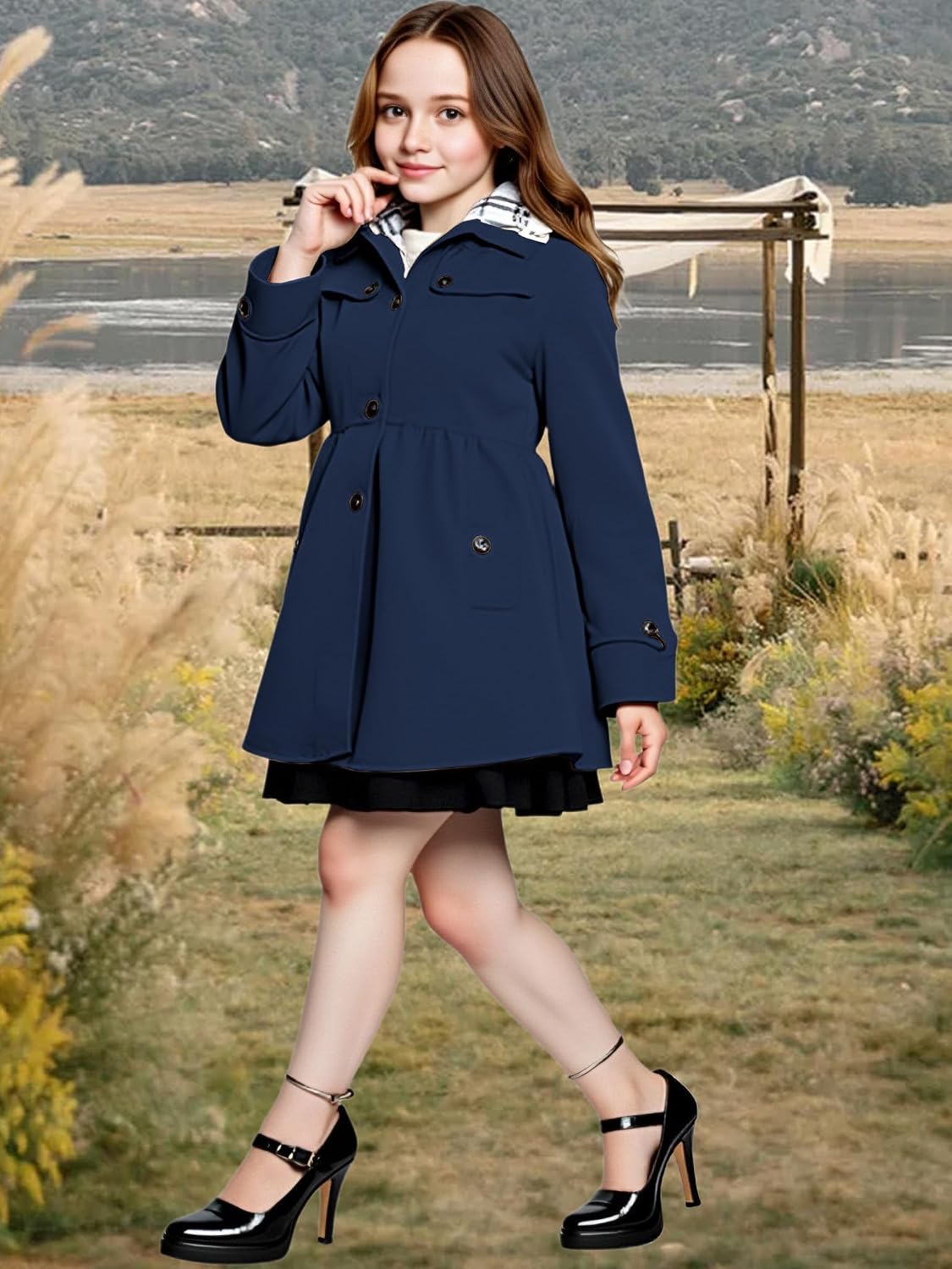 SANGTREE Girls' Autumn and Winter Woolen Coat with Detachable Hat Outerwear Peacoat,2-14 Years